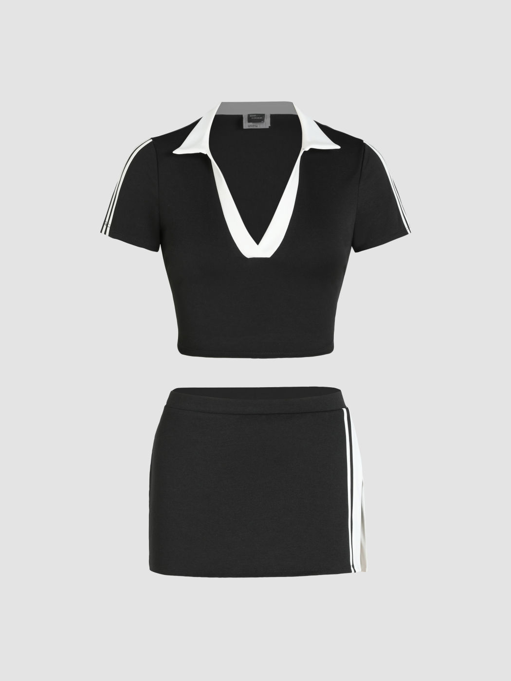  Blokecore Kontrastkragen V-Ausschnitt Crop Top & Geteiltes Minirock Set