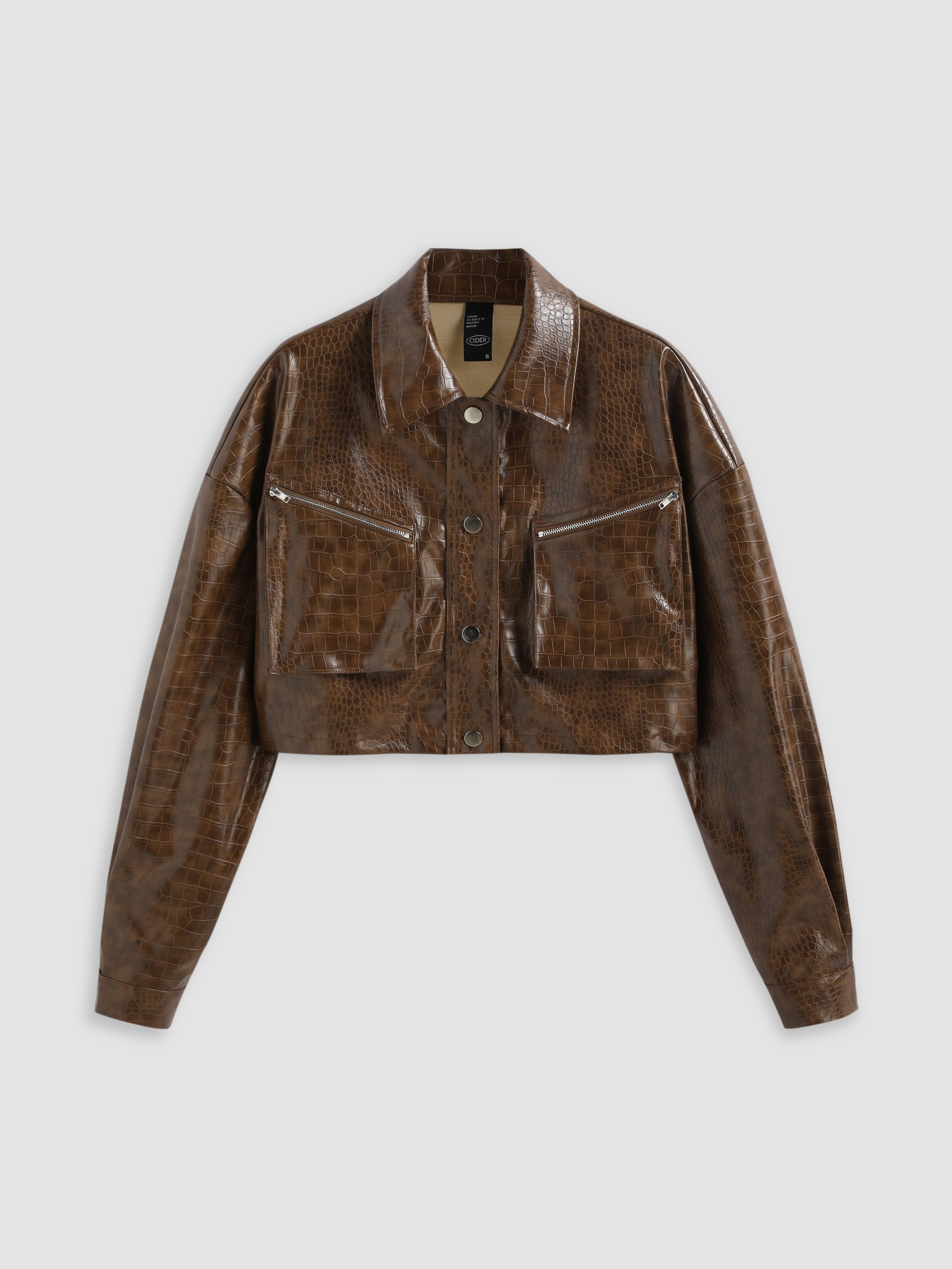 Faux Leather Solid Collar Oversized Pocket Crop Jacket Cider