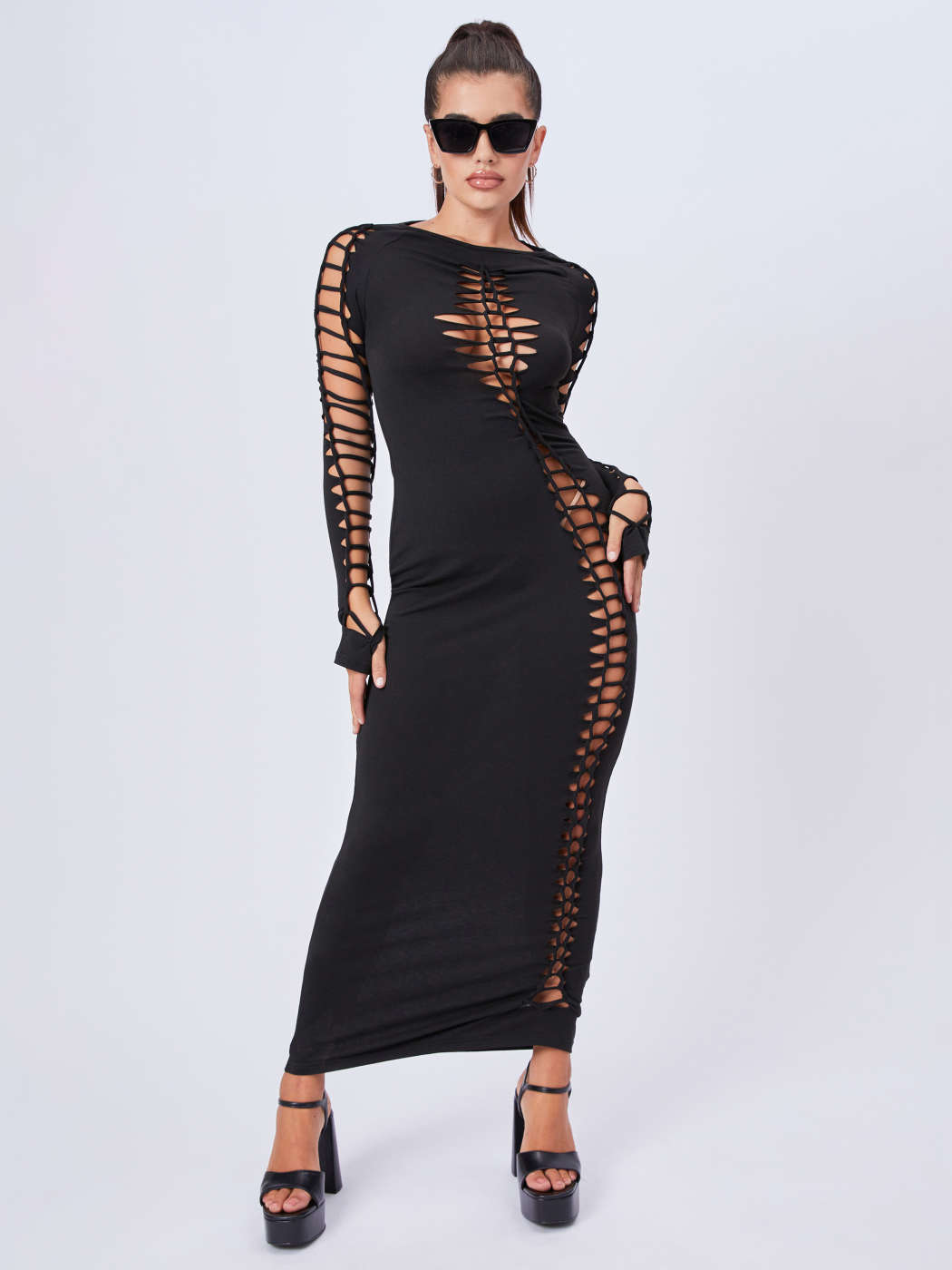 Solid Jersey Cut Out Long Sleeve Maxi Dress - Cider