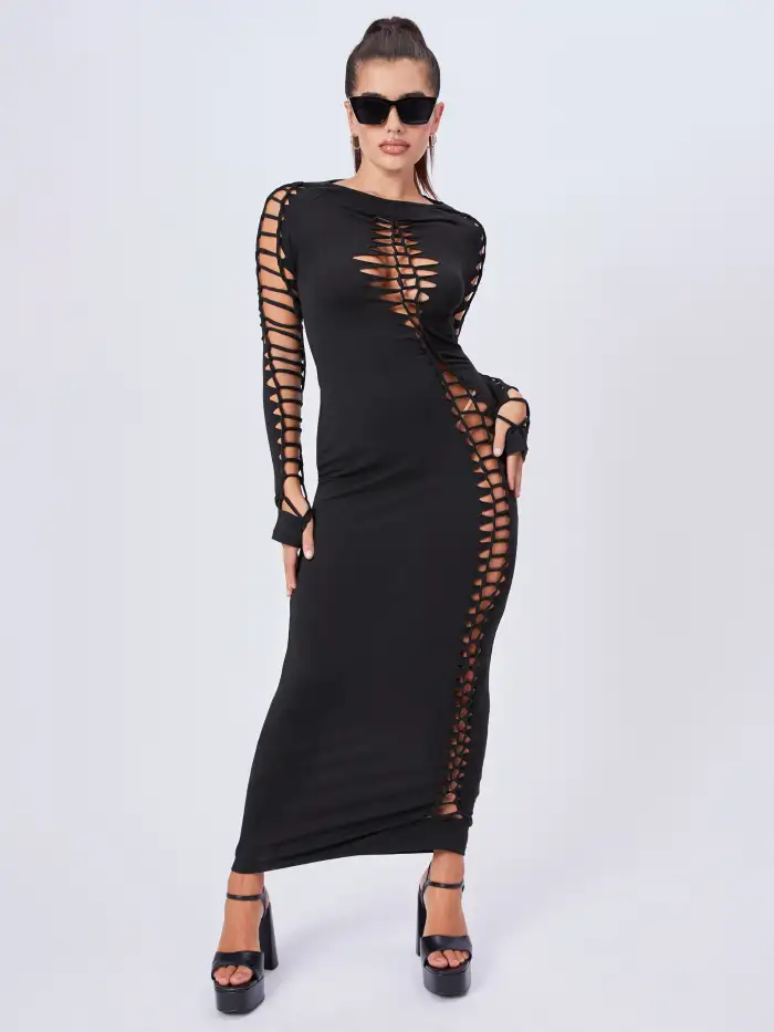 Solid Jersey Cut Out Long Sleeve Maxi Dress
