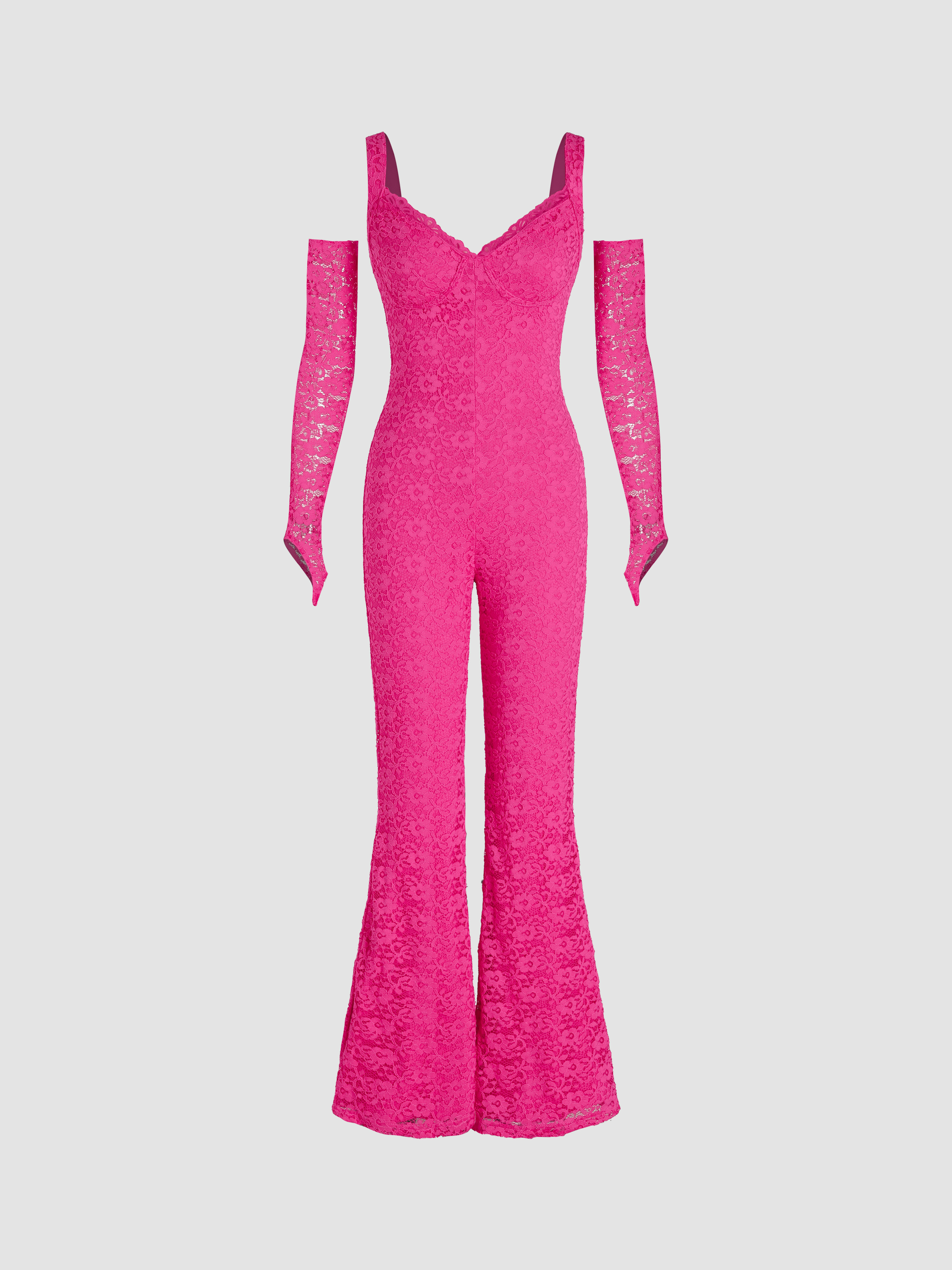 Solid Floral Lace Jumpsuit With Gloves - Cider