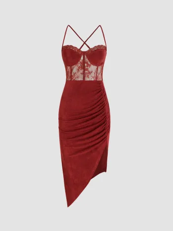 Lace Ruched Split Cami Midi Dress