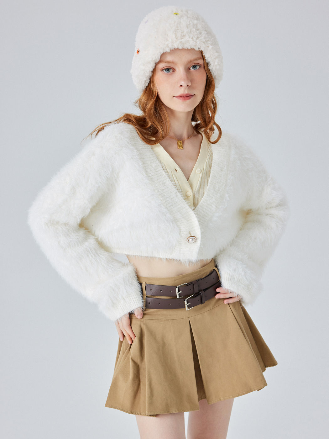  Einfarbiger Flauschiger Crop Strickjacke