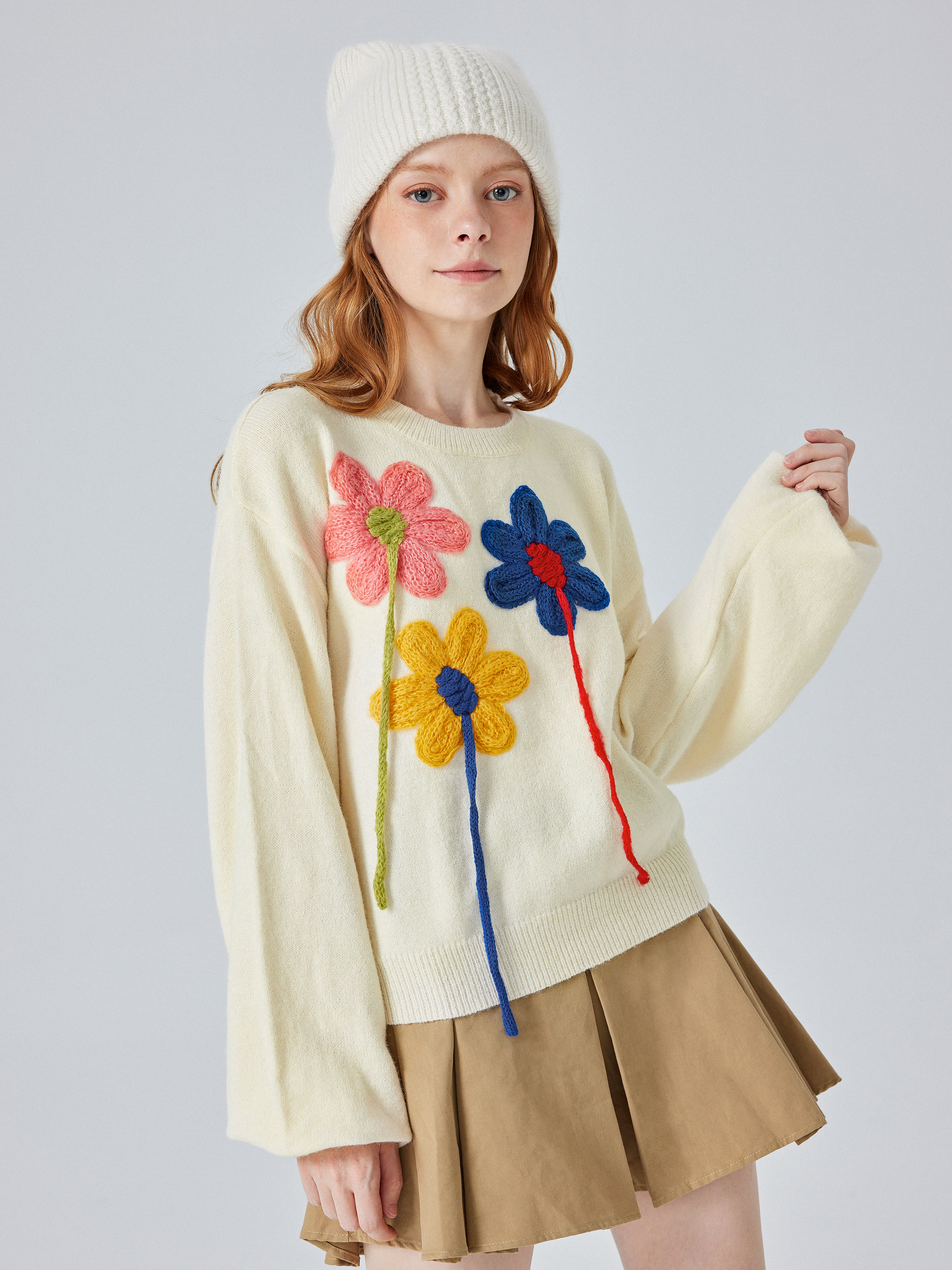 Floral Crochet Long Sleeve Sweater - Cider