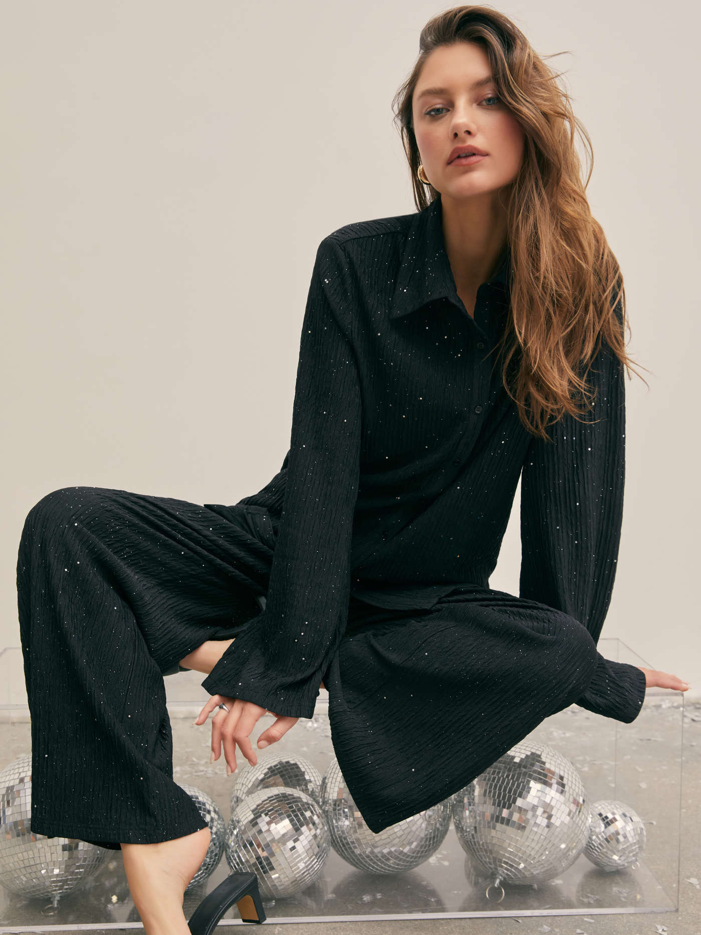 Glitter High Waist Wide Leg Trousers