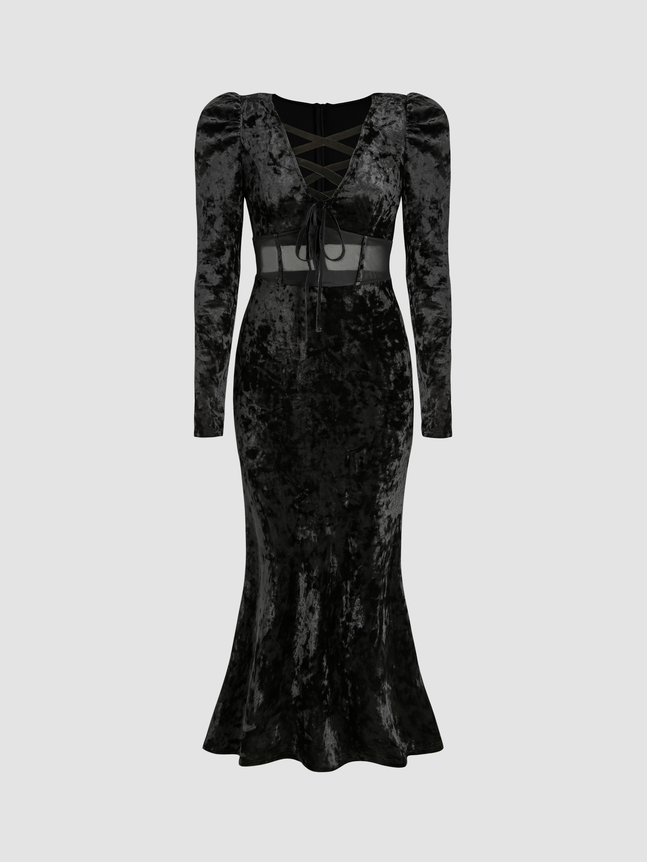 Velvet Lace Up Mermaid Maxi Dress Cider