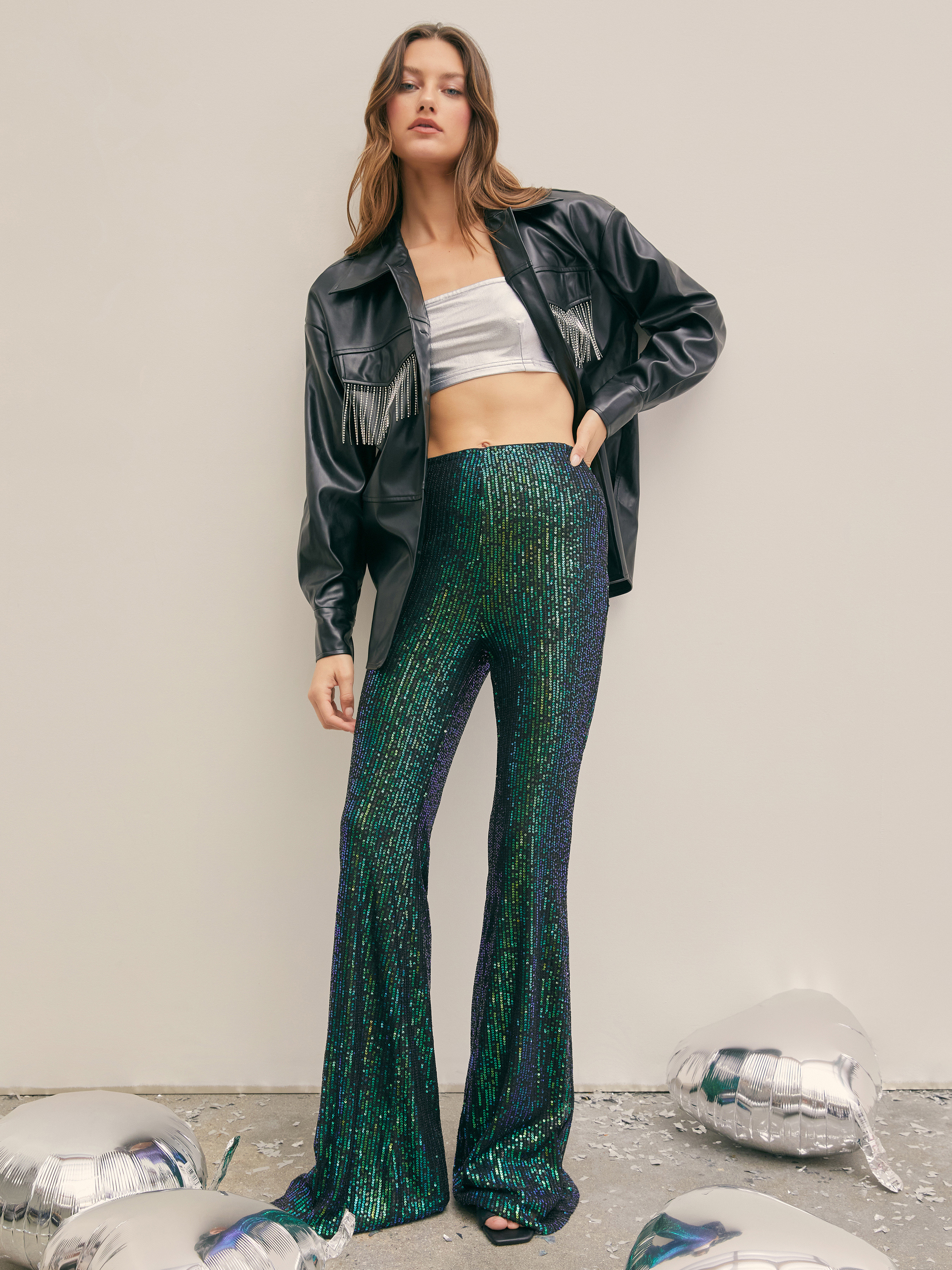 Sequin High Waisted Flared Trousers | boohoo