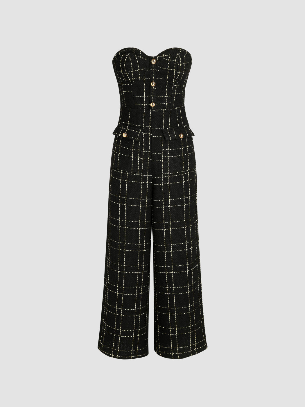 Tweed Karierter, trägerloser, geknöpfter Jumpsuit mit geradem Bein