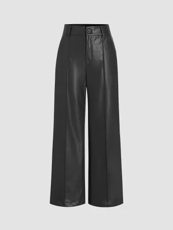 Faux Leather Solid High Waist  Wide Leg Trousers