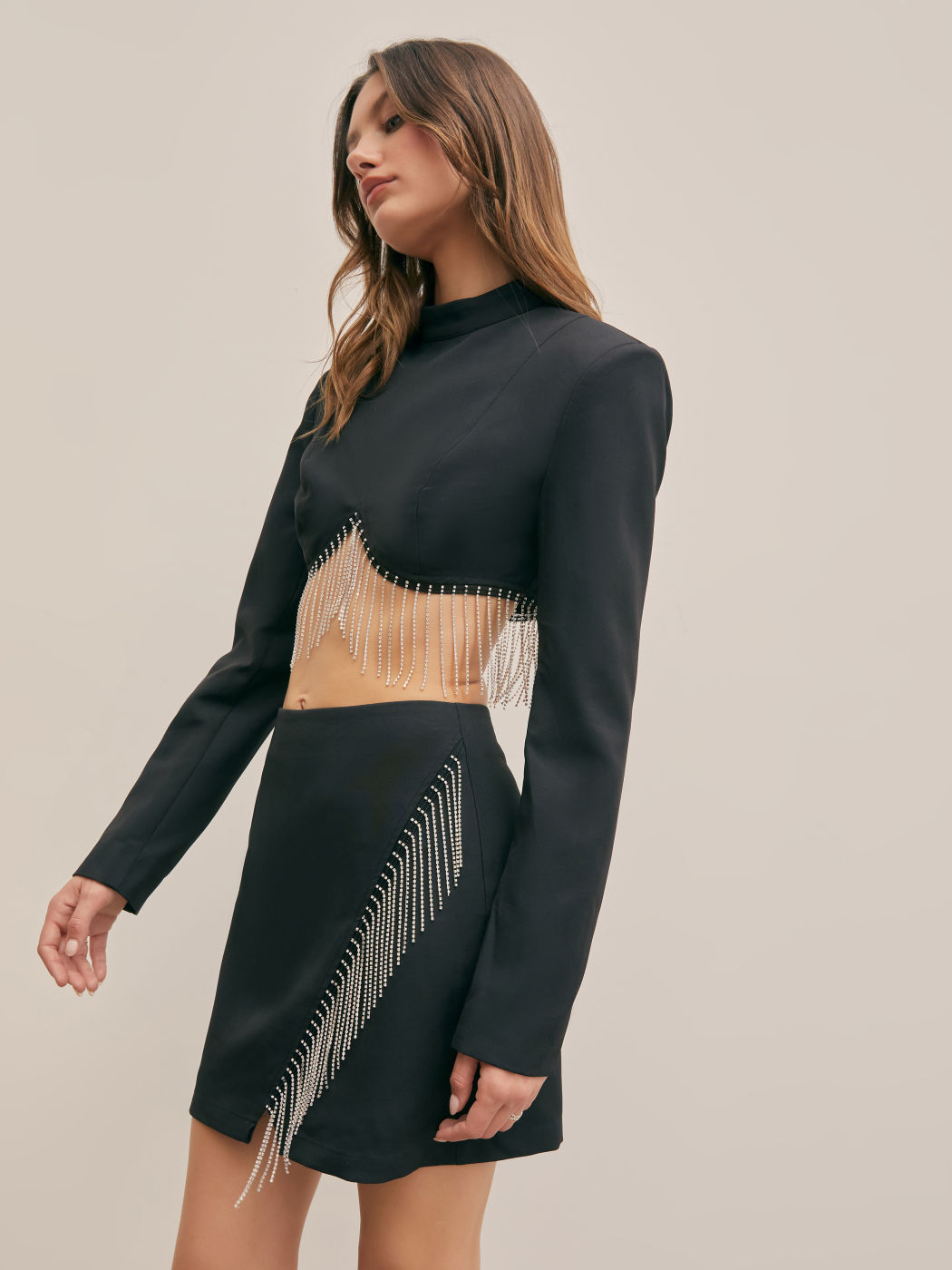 Rhinestone Fringe Stand Collar Crop Top