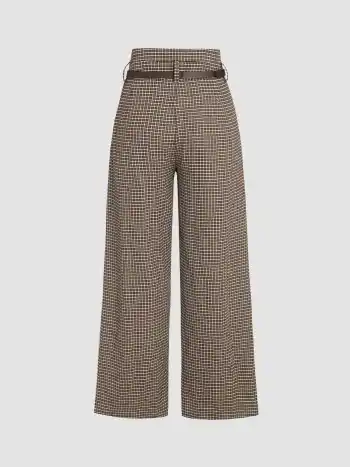 Houndstooth High Waist Wide Leg Trousers With Belt