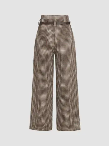 Pantaloni a vita alta con cintura e motivo pied-de-poule