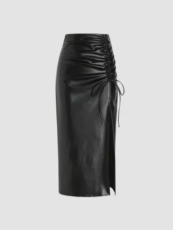 Faux Leather High Waist Drawstring Split Maxi Skirt