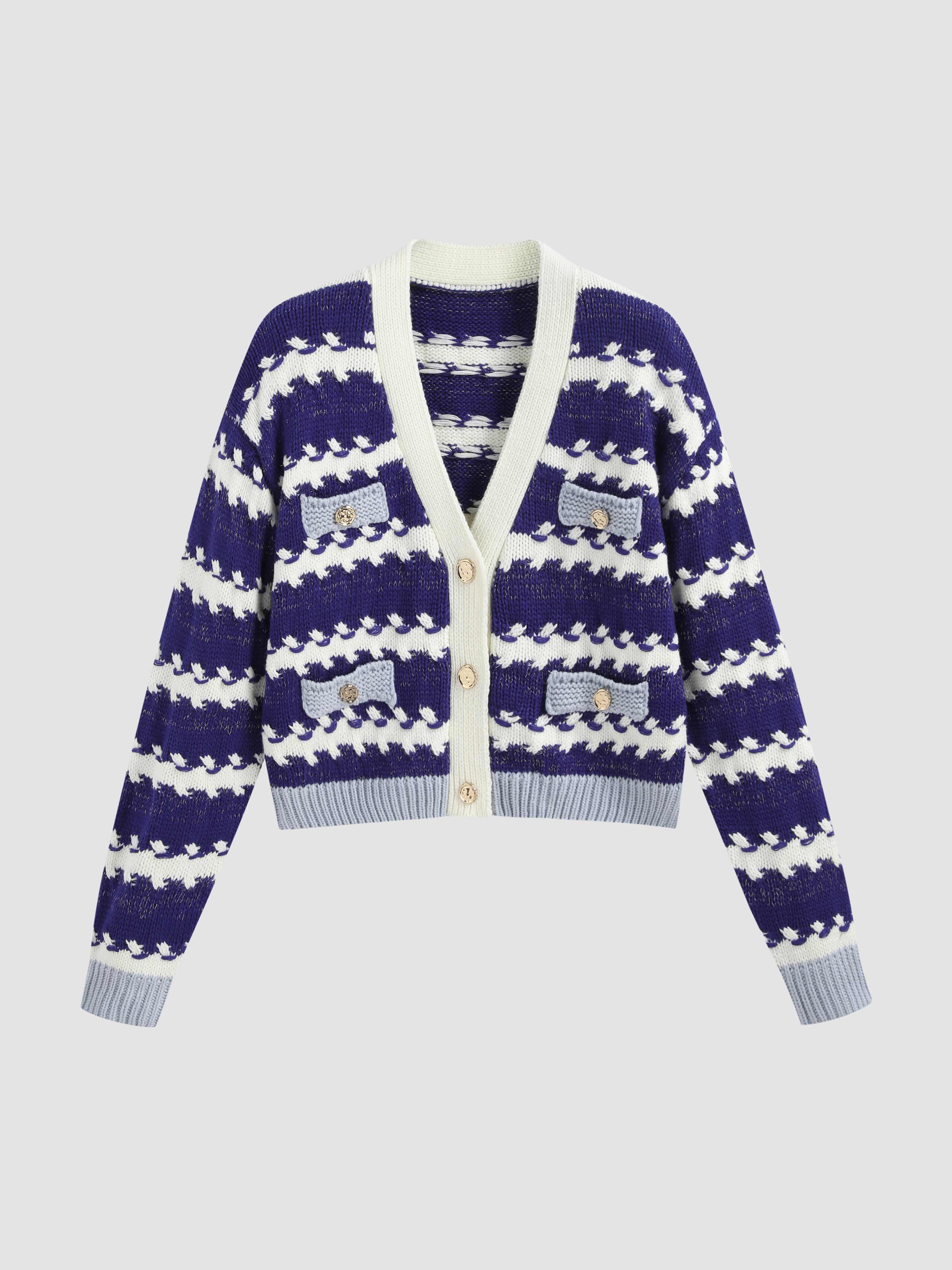 V-neck Stripe Button Up Knit Cardigan For School Daily Casual Coffee Shop