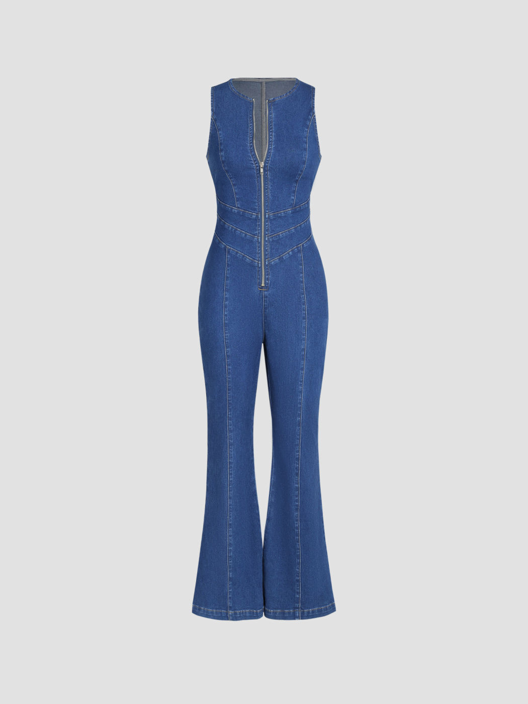 Ärmelloser Jeans-Overall mit durchgehendem Reißverschluss und ausgestelltem Reißverschluss