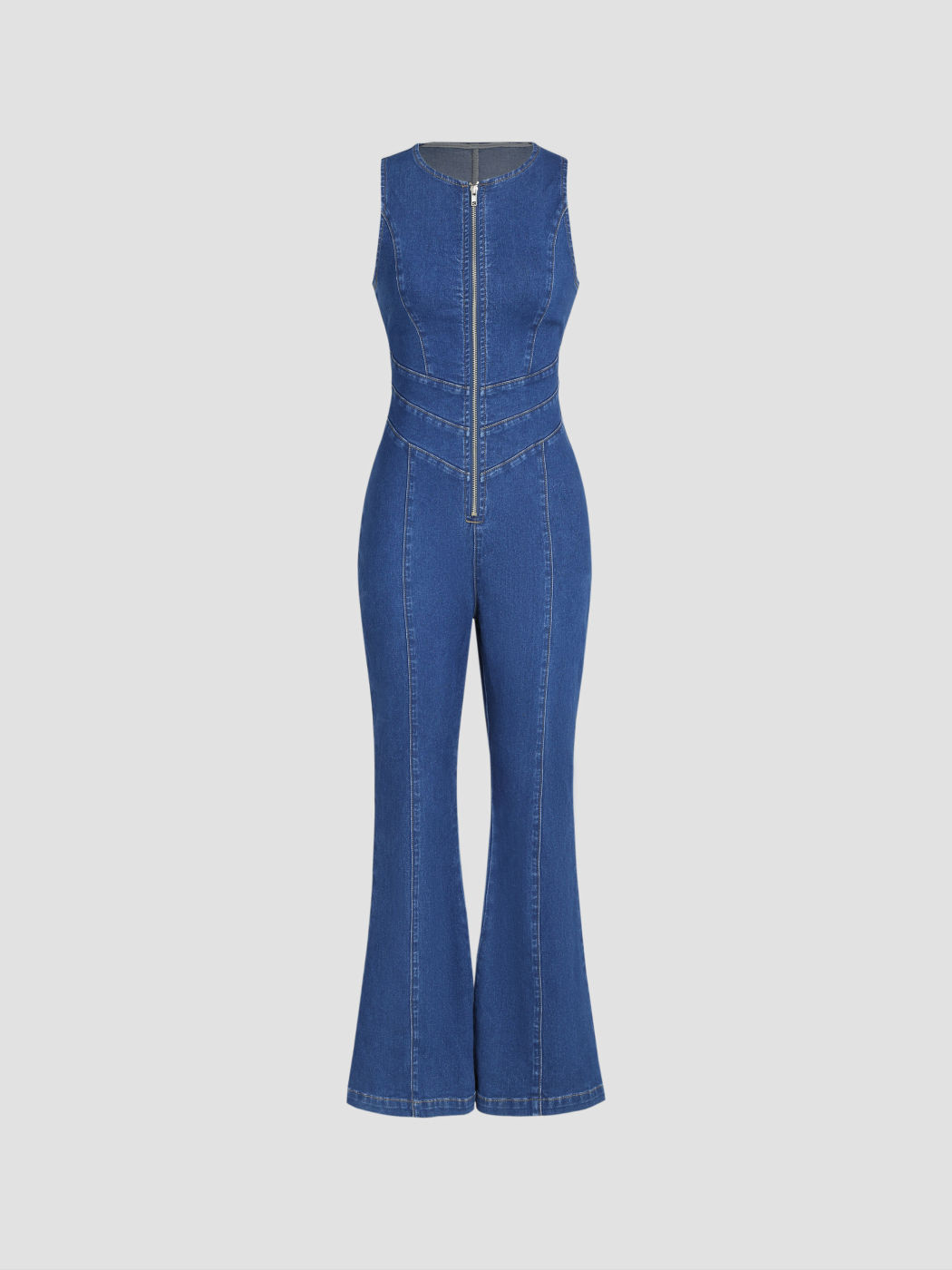 Ärmelloser Jeans-Overall mit durchgehendem Reißverschluss und ausgestelltem Reißverschluss