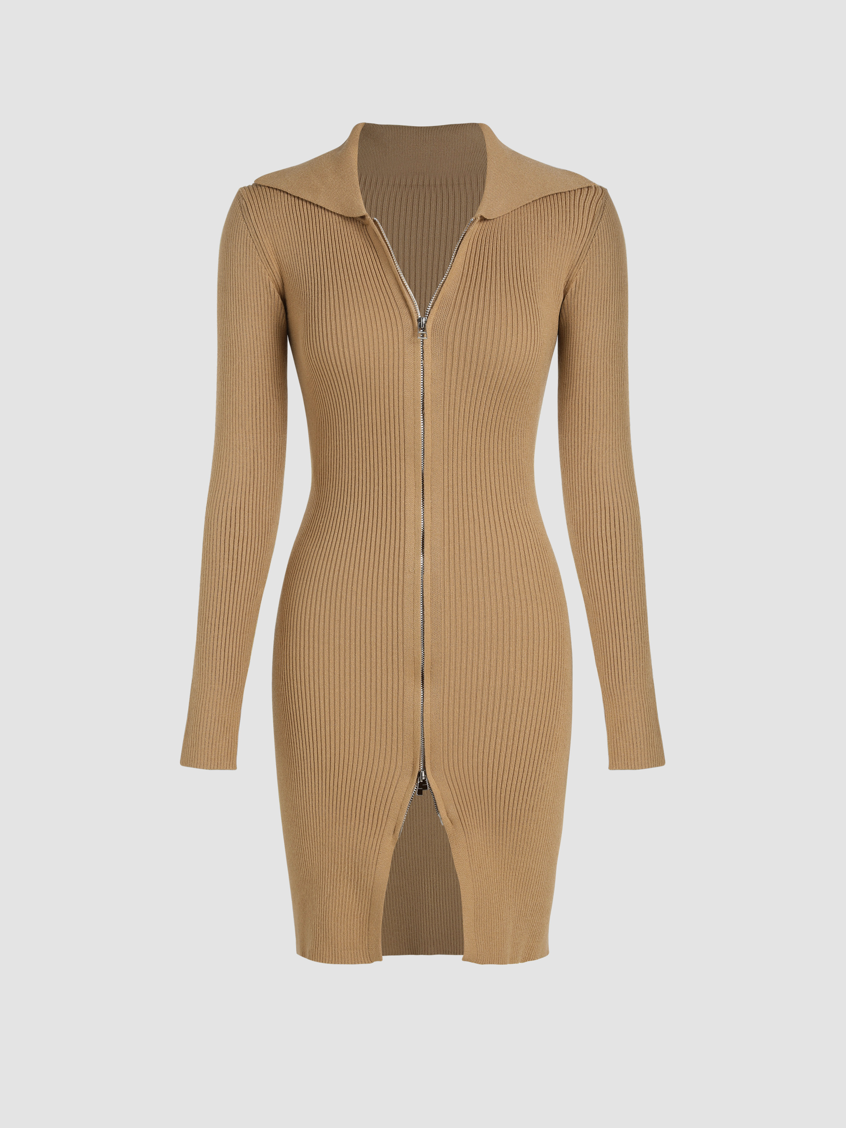 Knit Solid Collar Zipup Bodycon Short Dress Cider