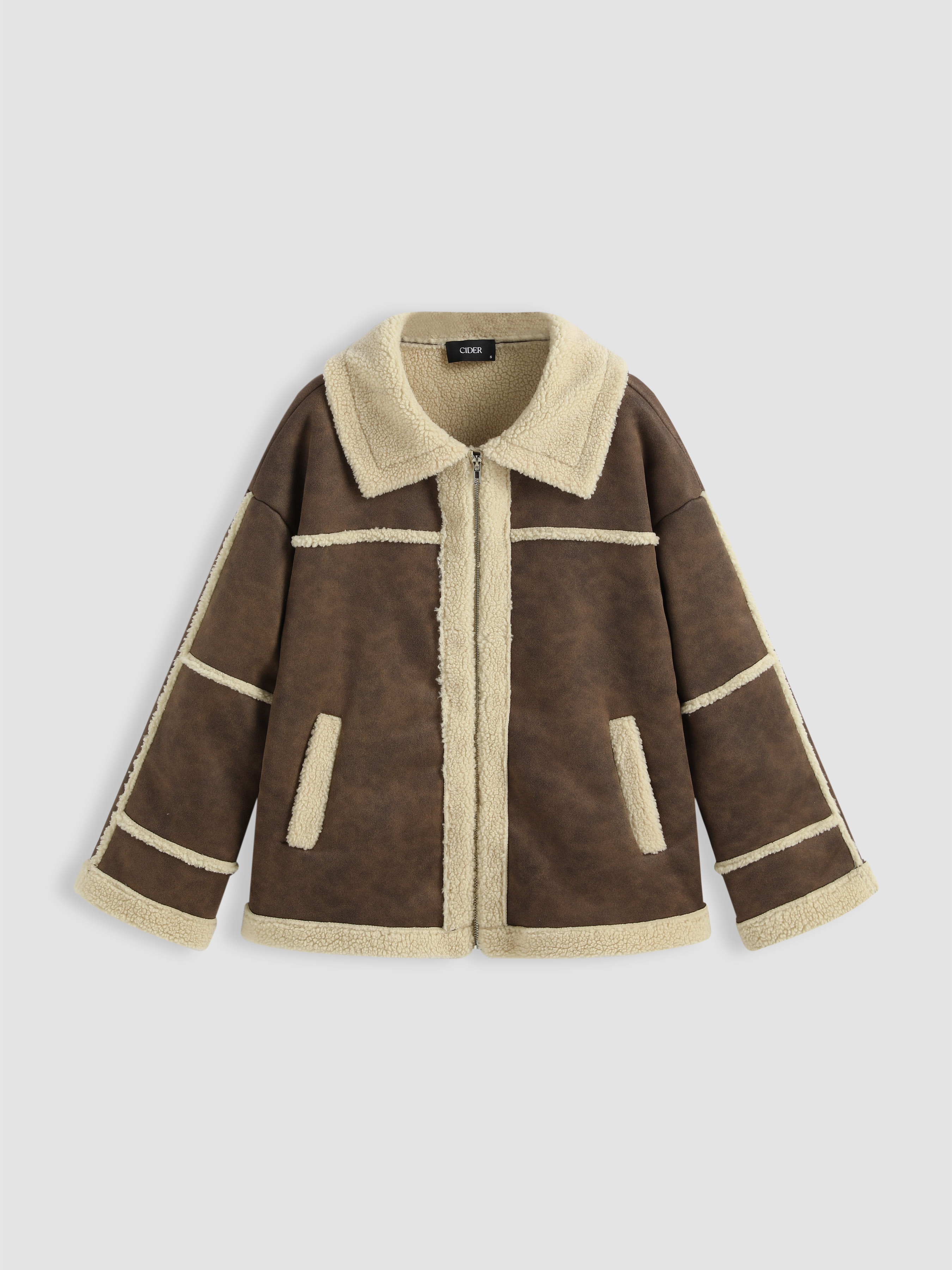 Patchy Faux Shearling Collar Jacket - Cider