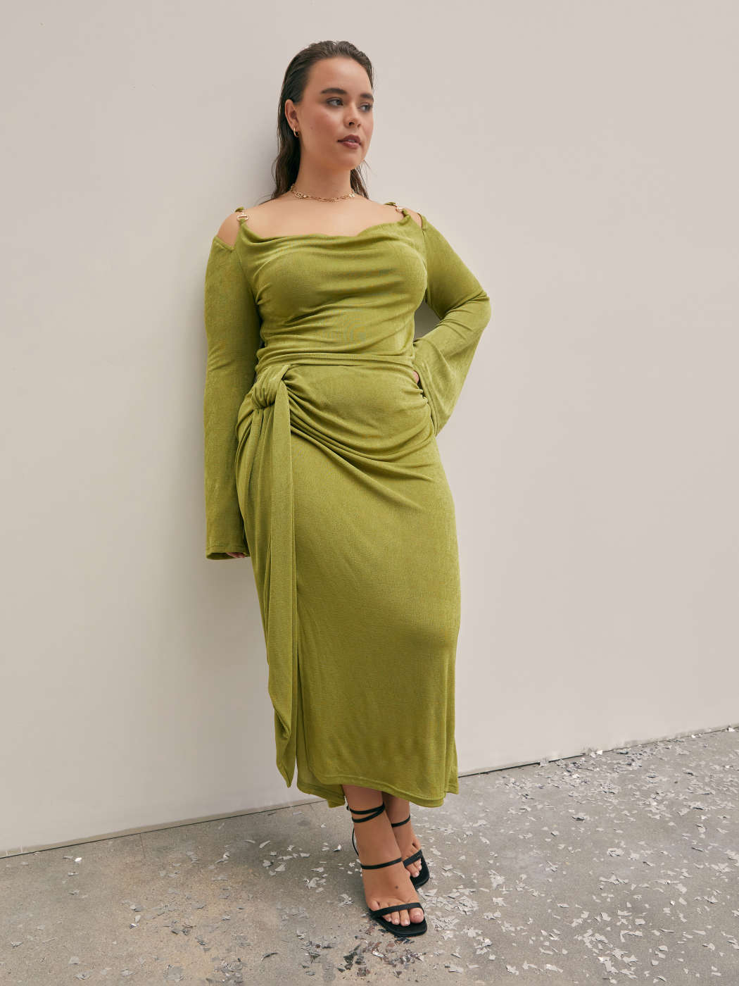 Curve Plus Solid Ruched Tie Slit Midi Skirt For Date Wedding