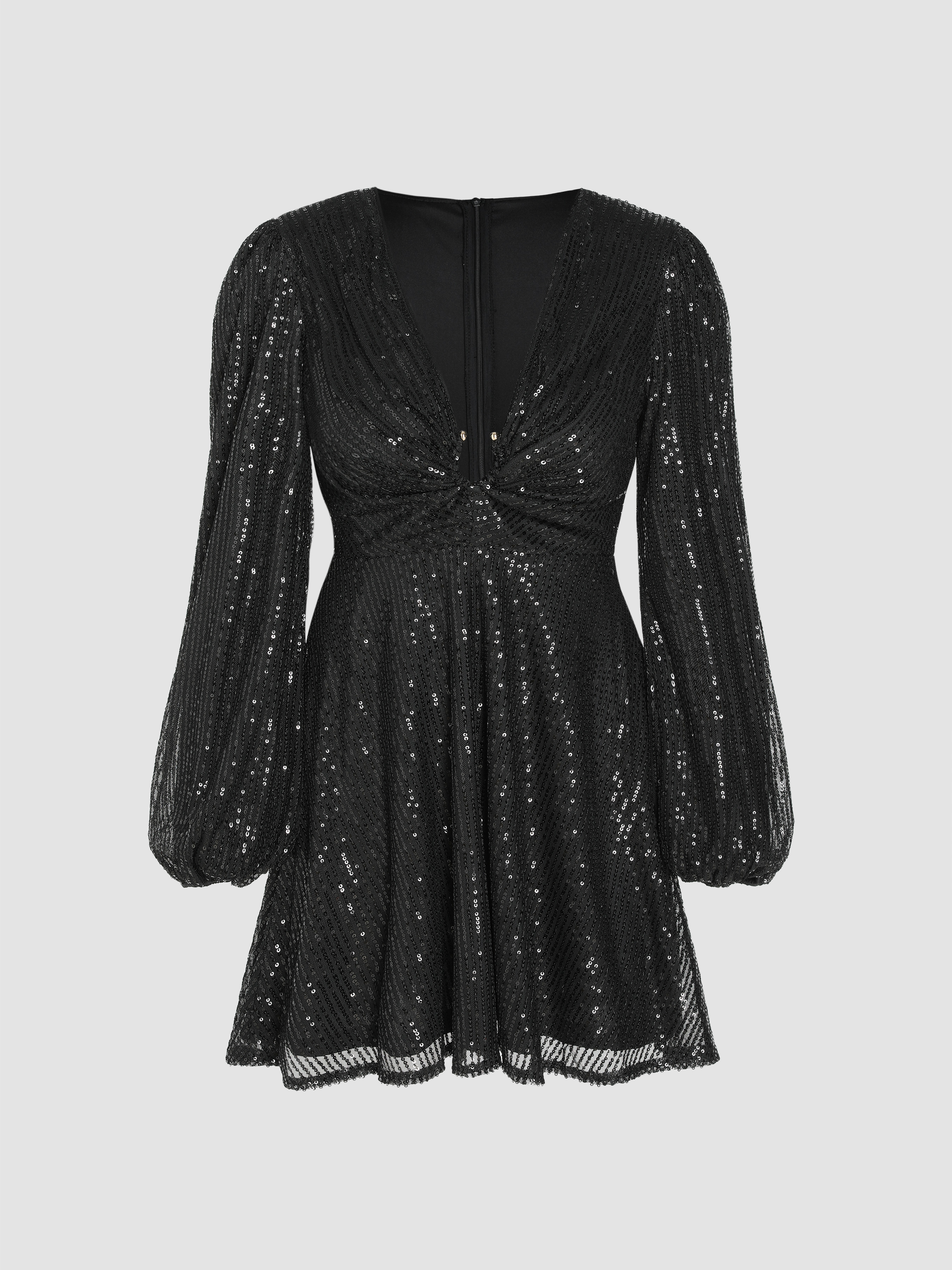 Solid Sequin V-neck Ruched Mini Dress For Date Party/Clubbing