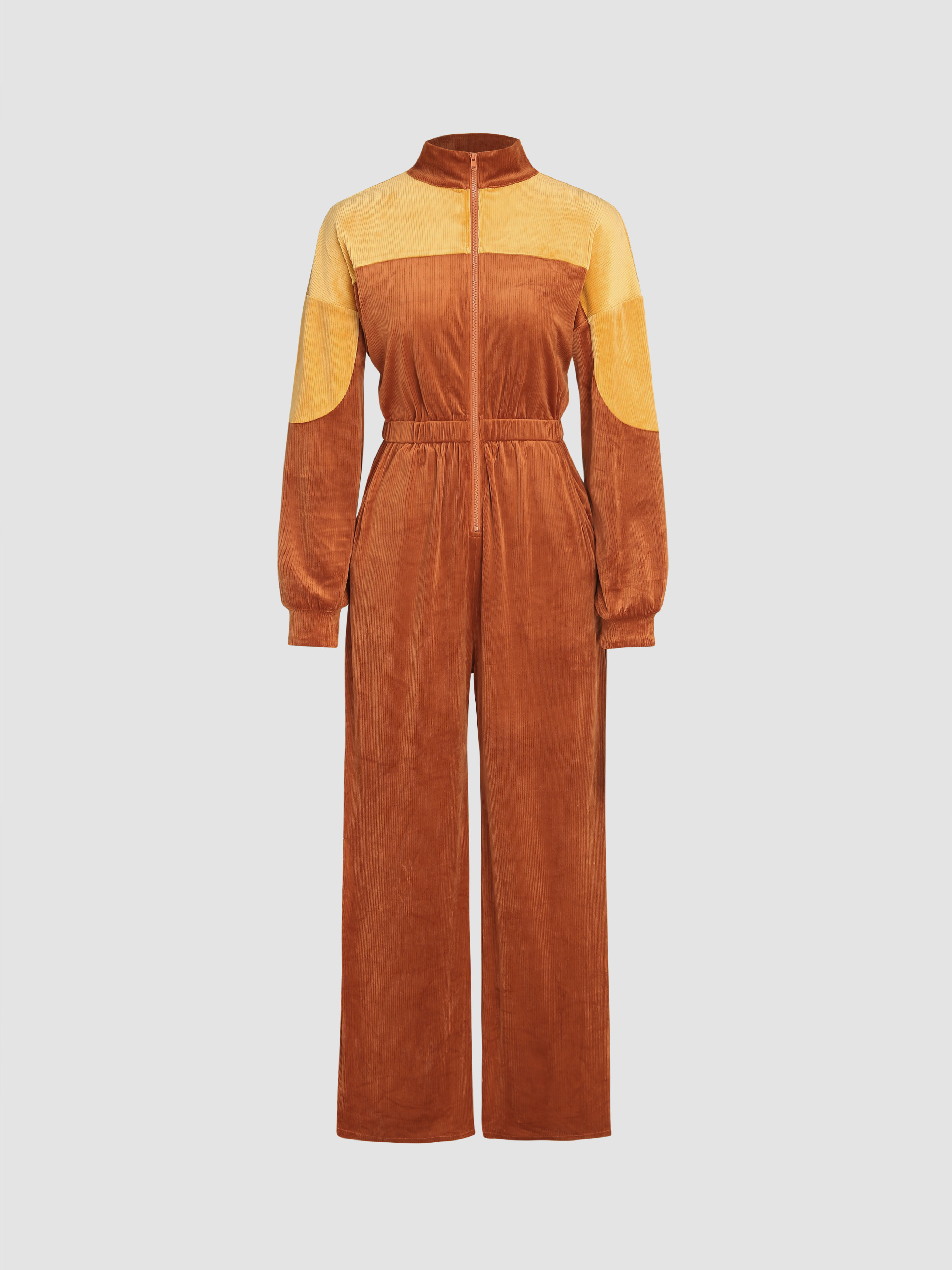 Corduroy Turtleneck Patchy Straight Leg Jumpsuit For School