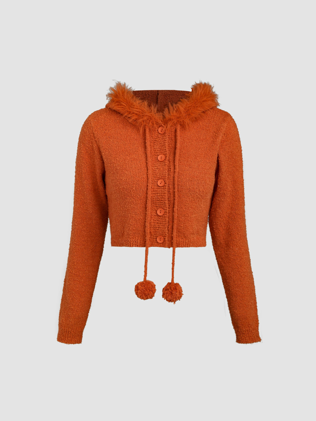 Pom Pom Hooded Fluffy Knit Cardigan