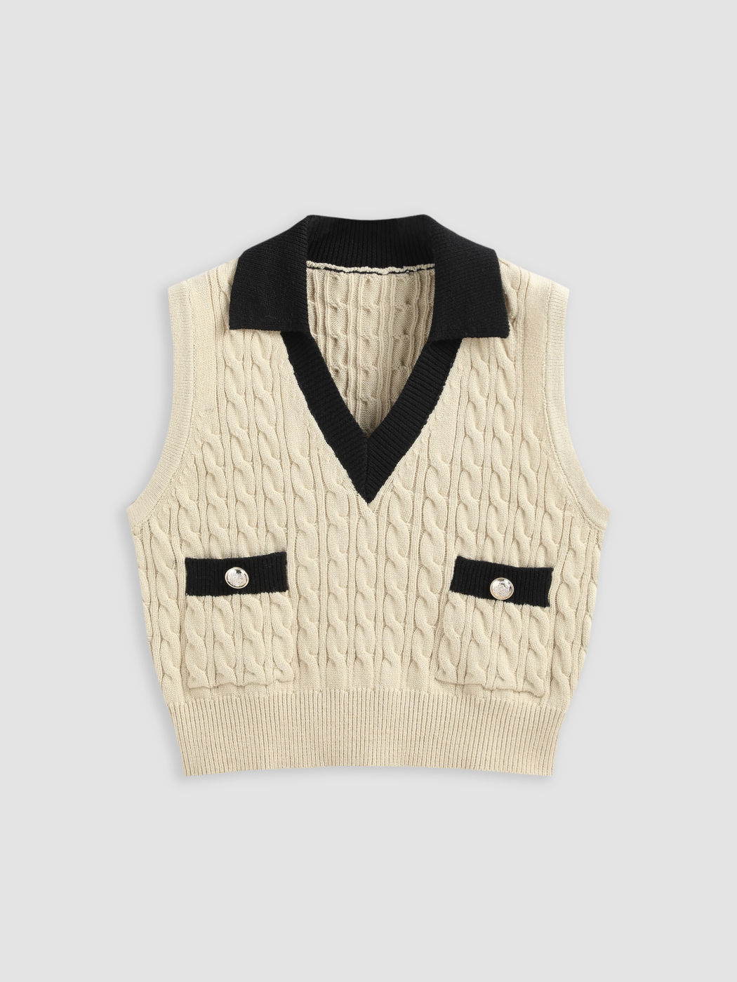 V-neck Contrasting Polo Cable Knit Vest