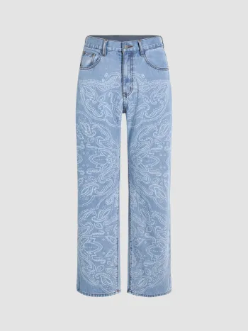 Unisex-Denim-Hose mit geradem Bein und Allover-Print
