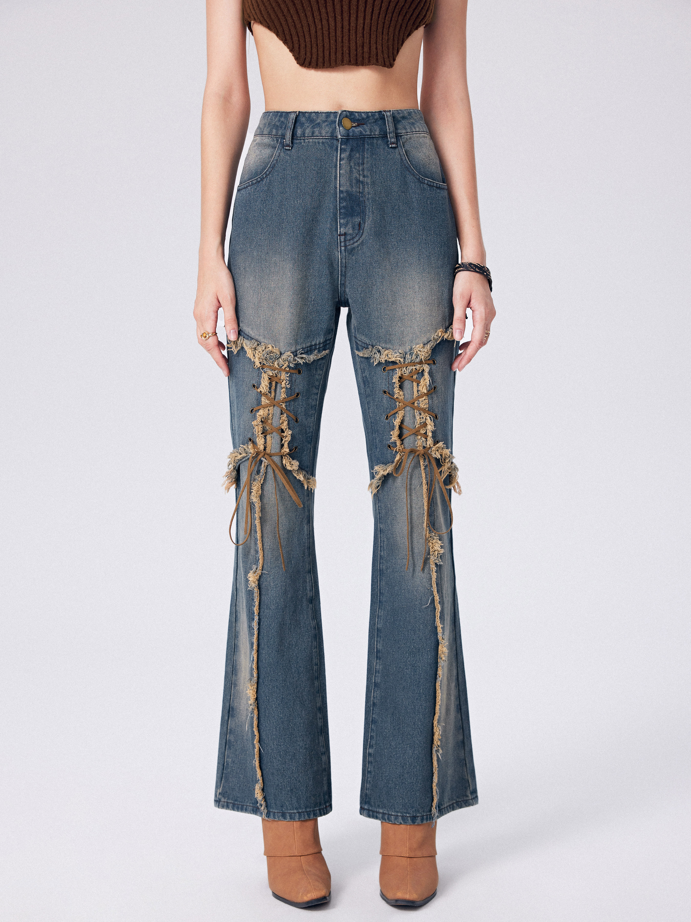 Dark Blue Wash Diamanté Lace Up Side Detail Jeans | PrettyLittleThing USA