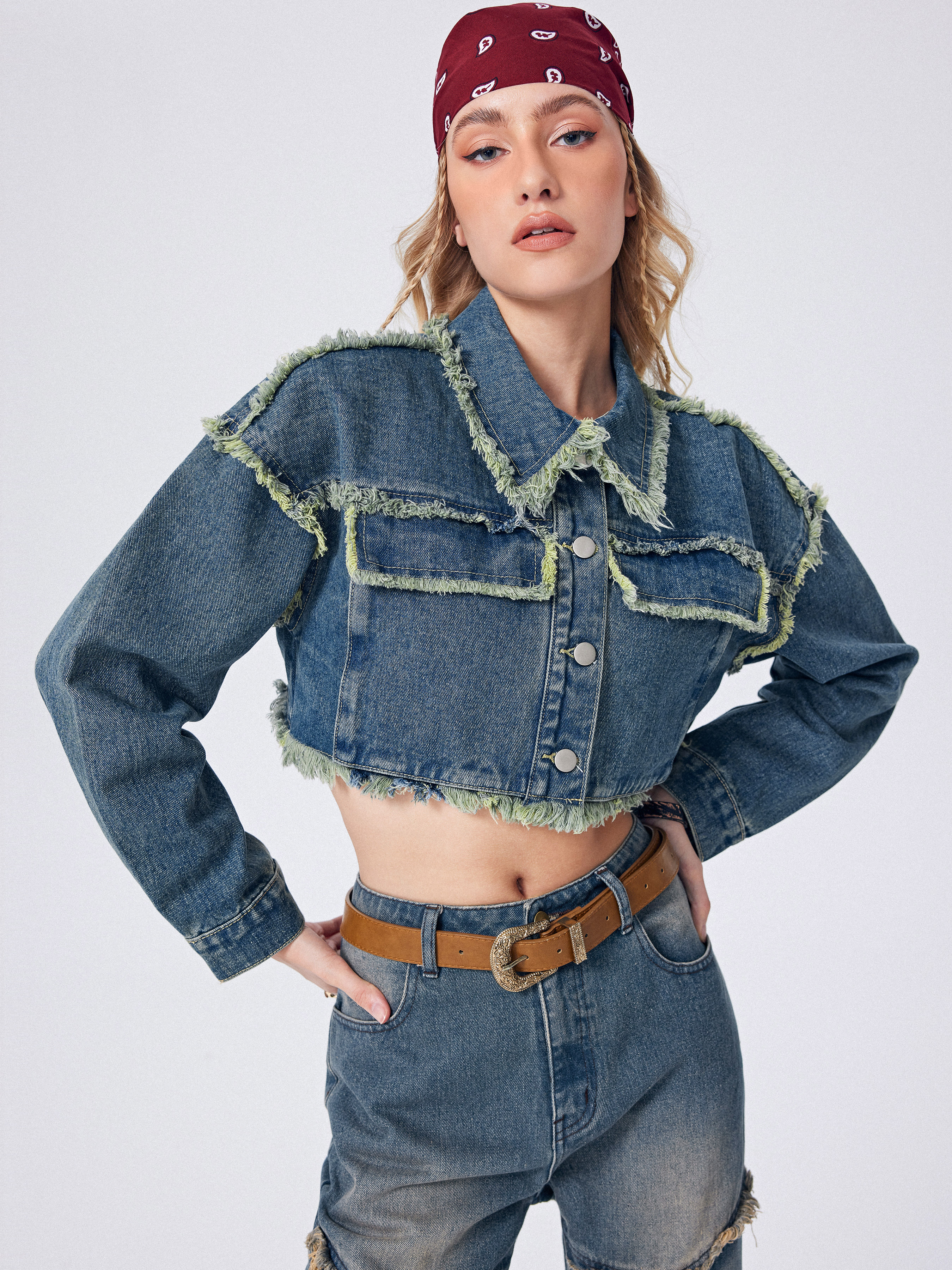 Denim Collar Raw Hem Button Up Crop Jacket