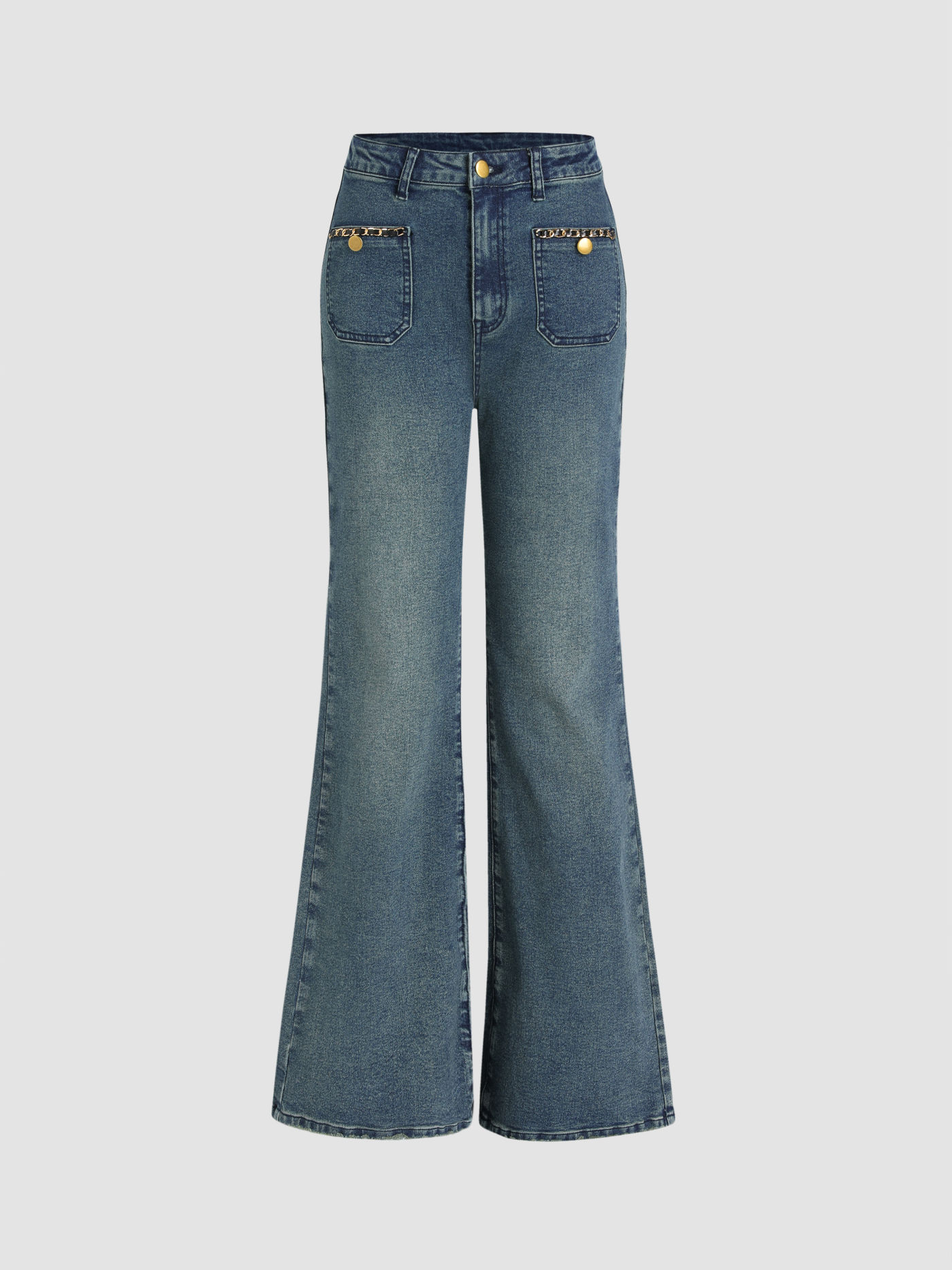 Denim High Rise Solid Pocket Flared Jeans