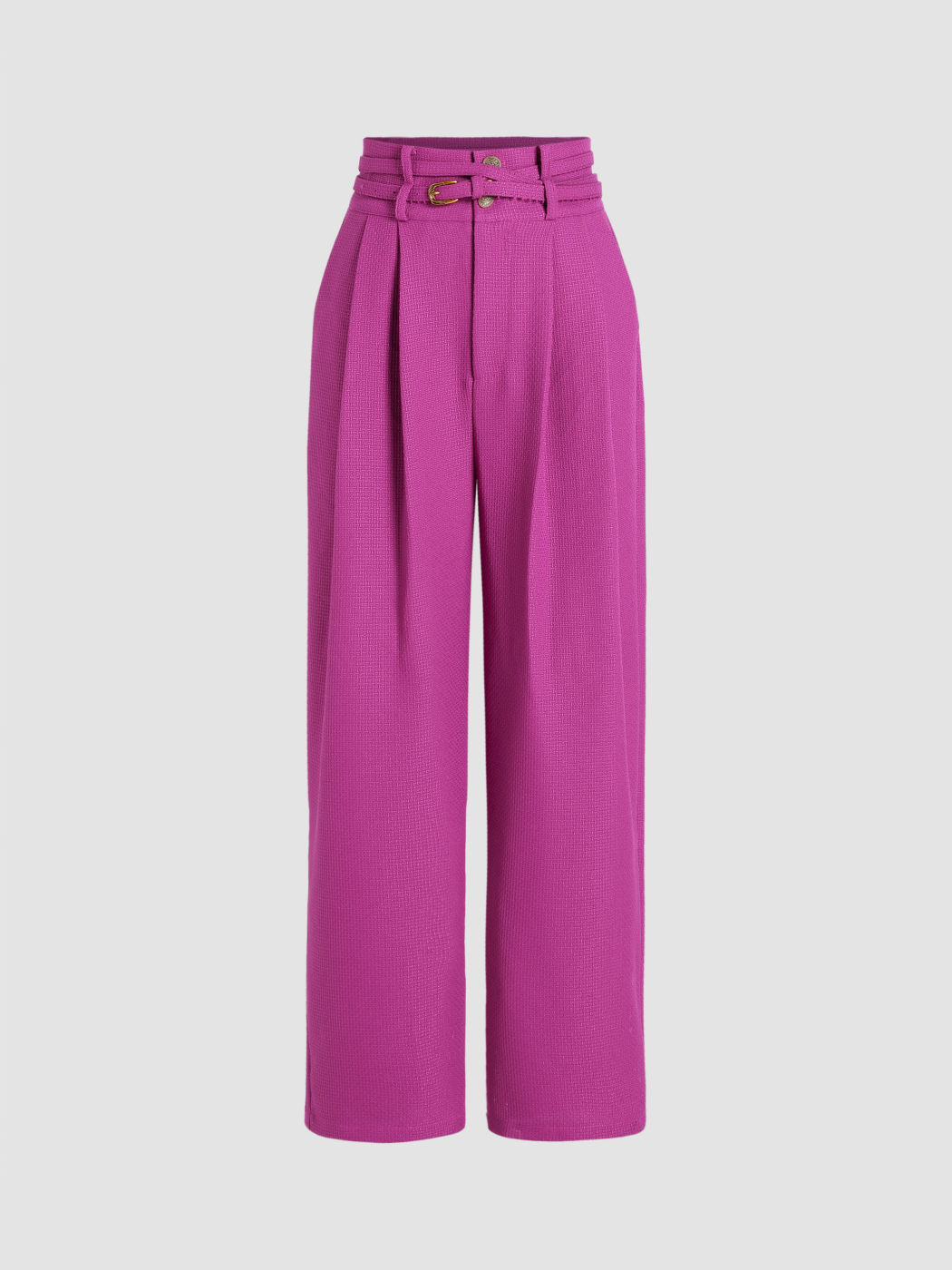 Tweed Solid Belted Straight Leg Trousers
