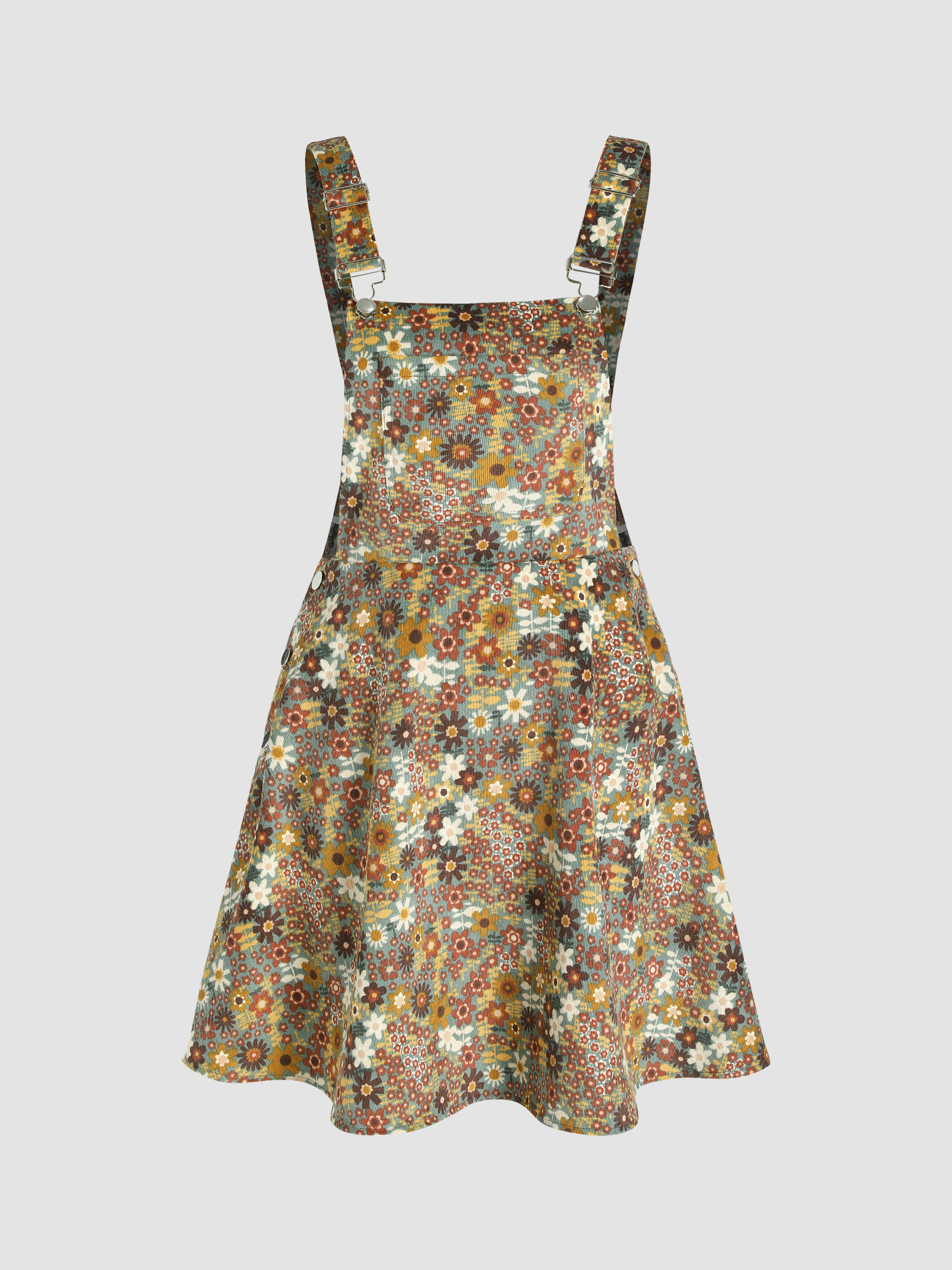 Corduroy Square Neck Floral Oversized Mini Dress - Cider