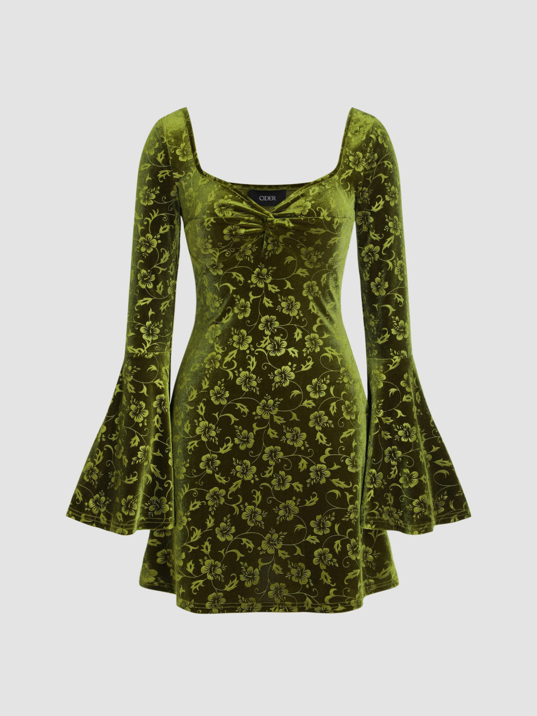 Samt-Minikleid mit herzförmigem Blumenmuster und Glockenärmeln