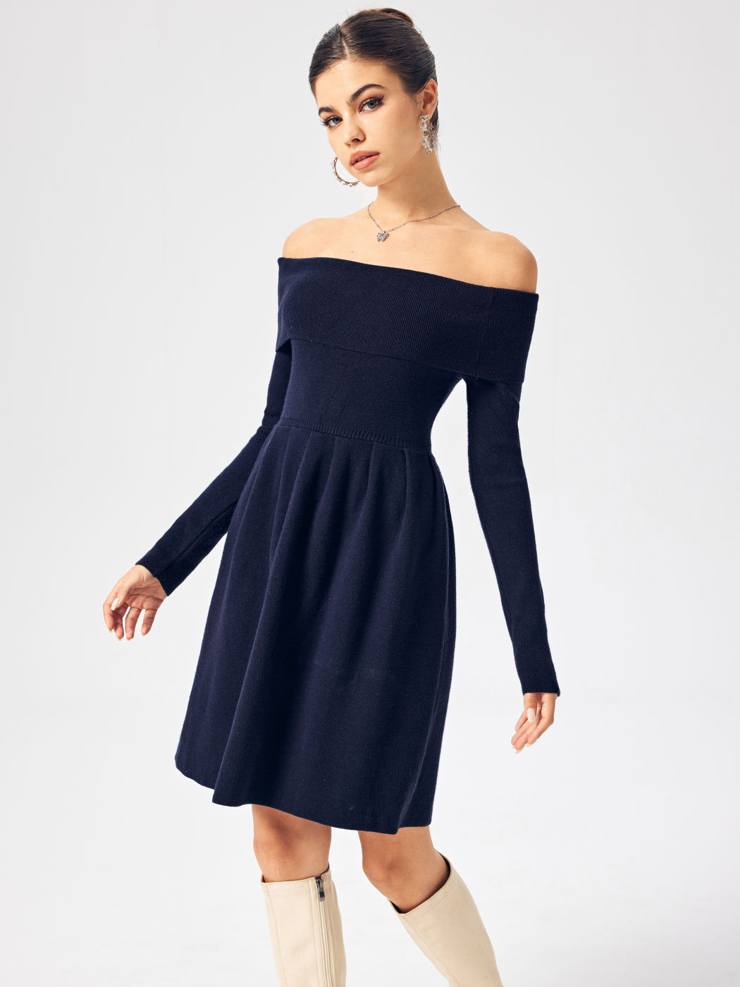 Knit Solid Off-shoulder Mini Dress