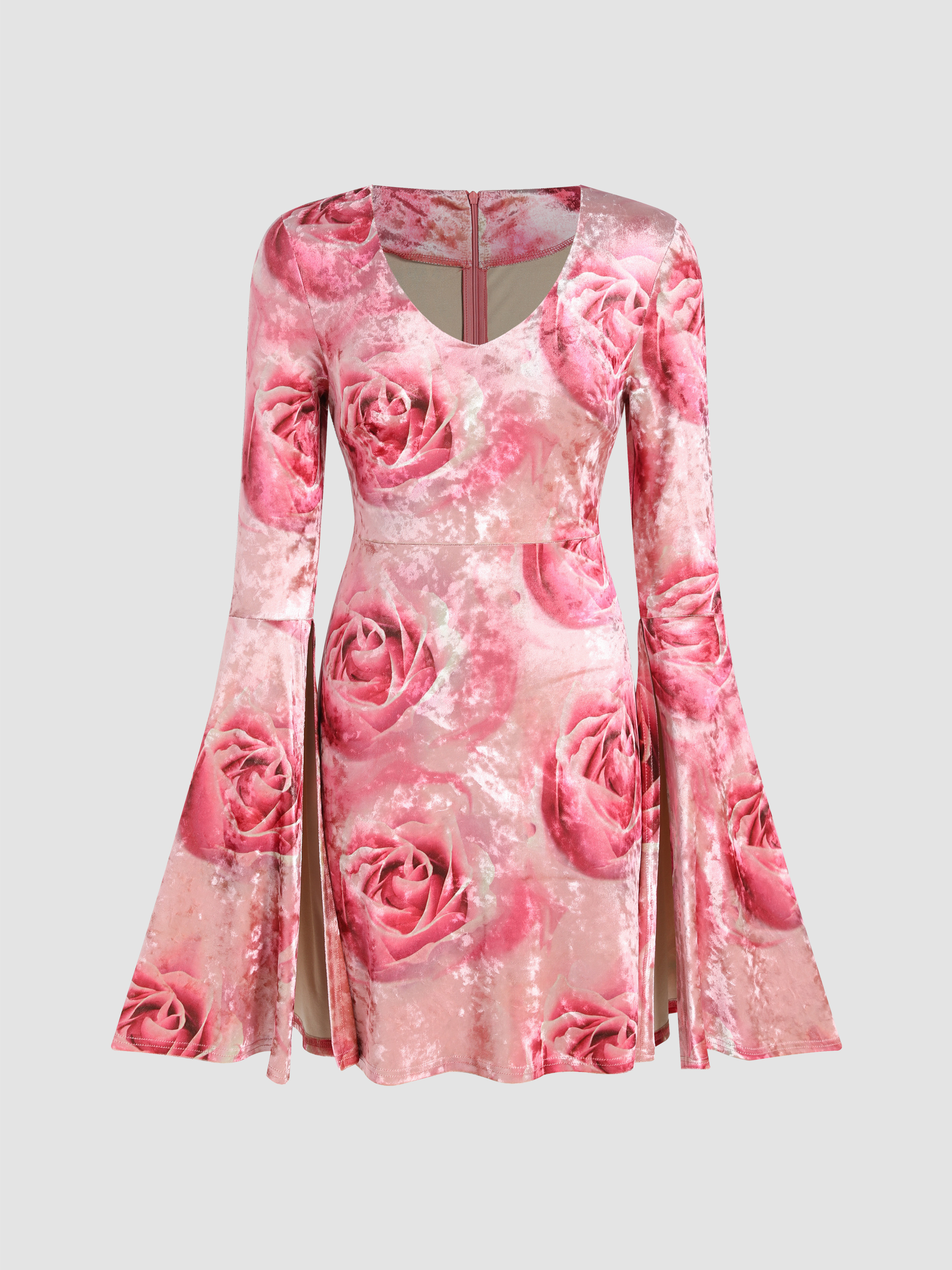 overdue flair ♥ ROSE VELVET MINI DRESS /追跡付 Velvet Rose Pattern Bell Sleeve Short Dress For Daily Casual