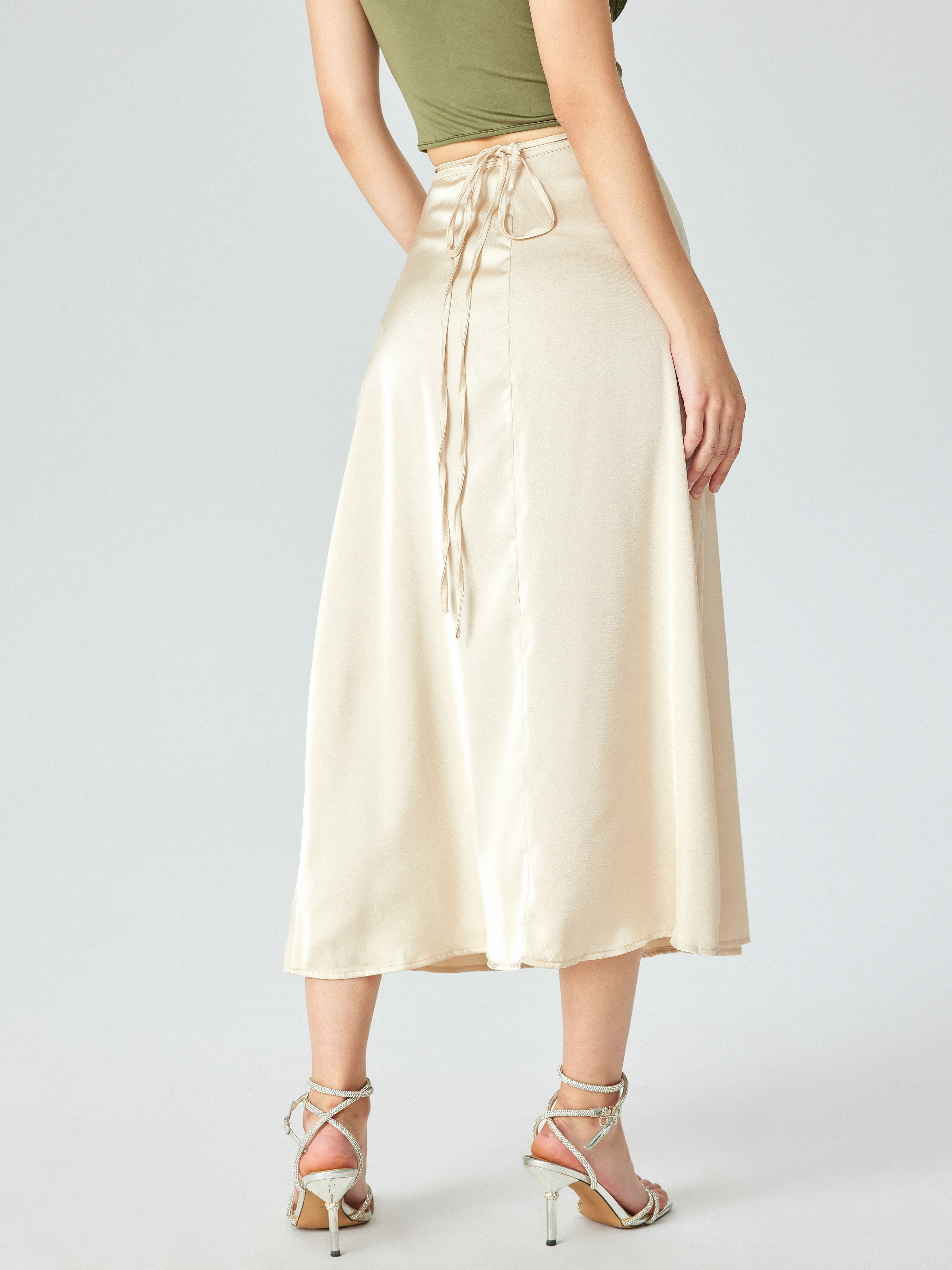 Knotted Solid Satin Midi Skirt