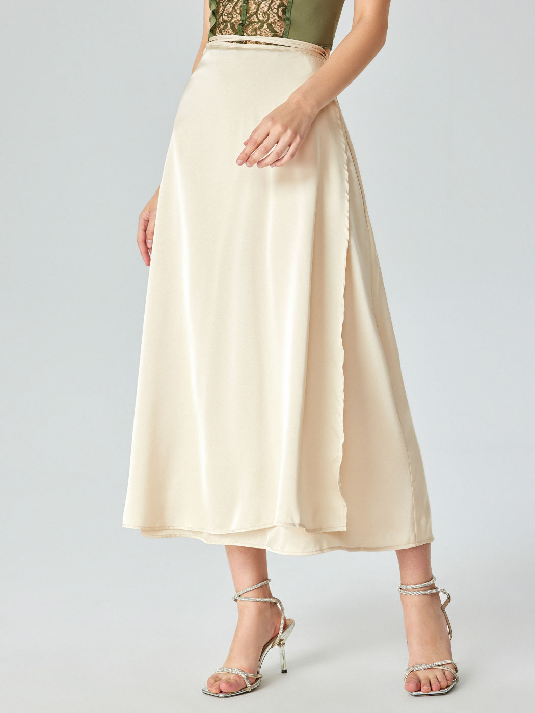 Knotted Solid Satin Midi Skirt