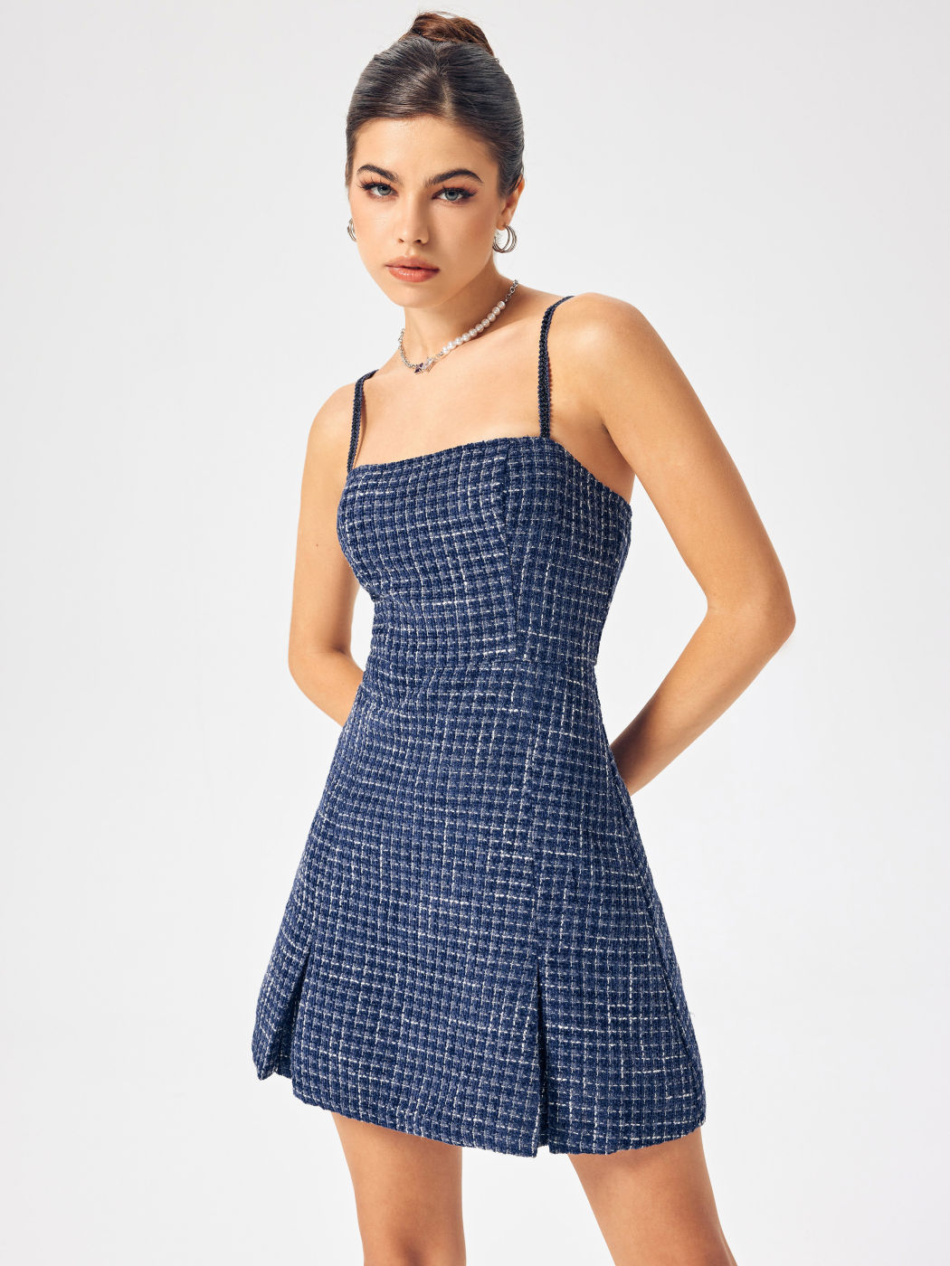  Tweed ärmelloses Split Kurze Kleider
