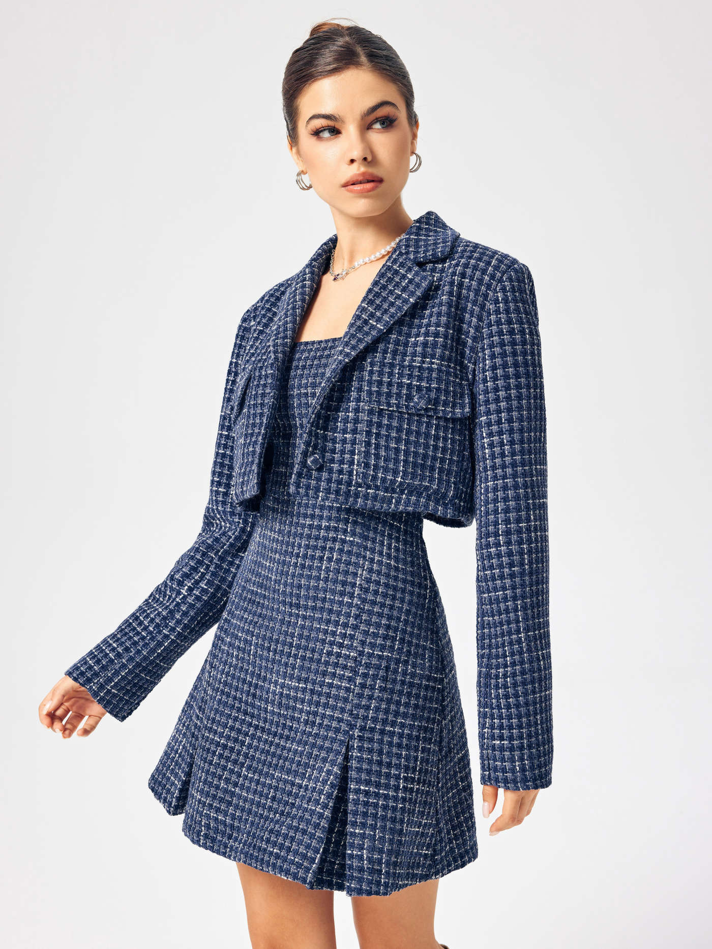 Tweed Notched Collar Long Sleeve Crop Blazer