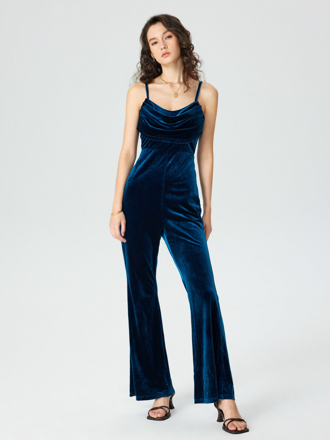 Solid Velvet Cowl Neck Flared Jumpsuit For Music Festival/Live House