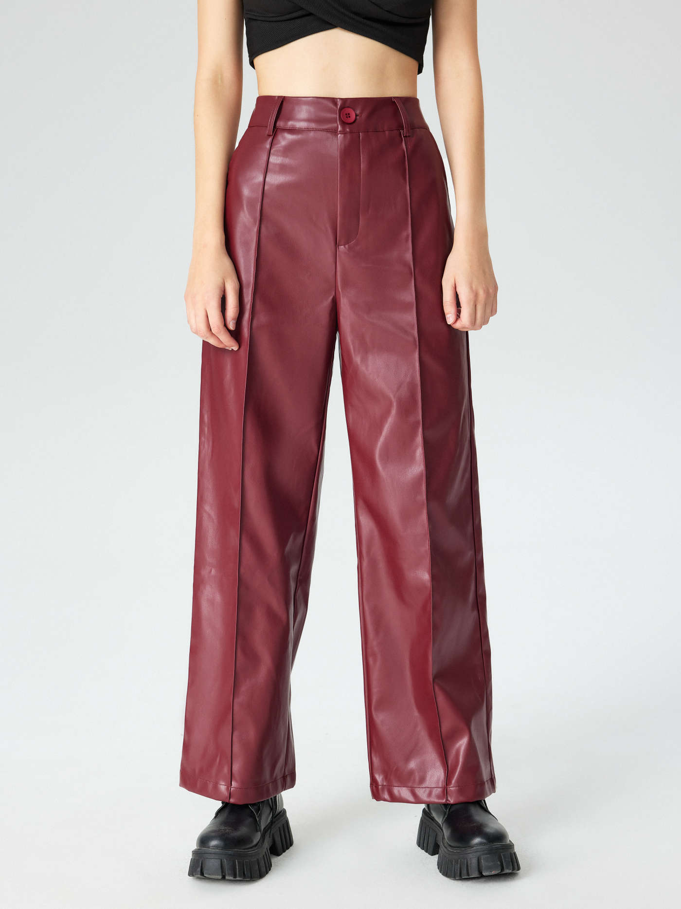 Cowboy Western Outfits Faux Leather Faux Leather Solid High Waist  Wide Leg Trousers For School Work