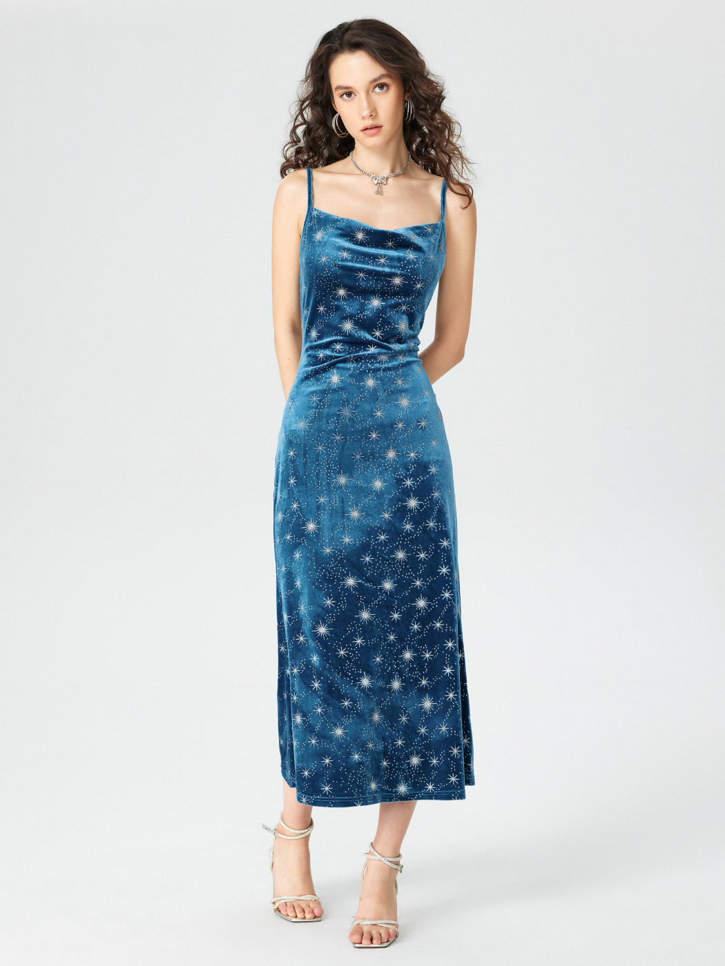  Samt Cowl Neck Sternenmuster Meerjungfrau Maxikleid