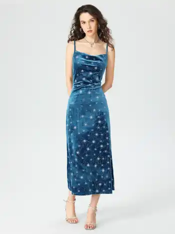 Velvet Cowl Neck Star Pattern Mermaid Maxi Dress