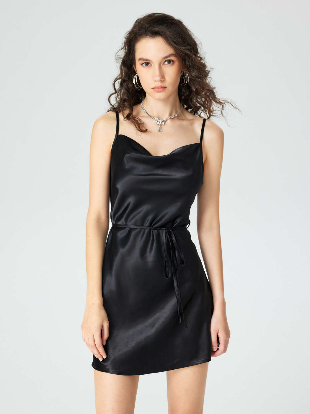 Black Satin Cowl Neck Cami Mini Dress