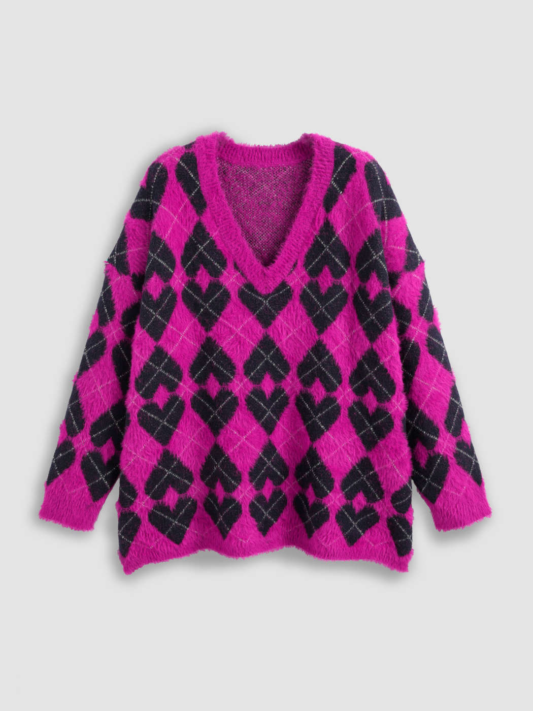 Heart pattern V-neck Fluffy Sweater For Daily Casual School