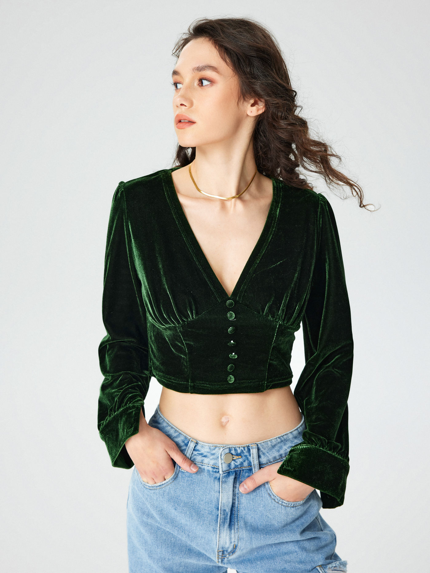 V-neck Velvet Long Sleeve Crop Top