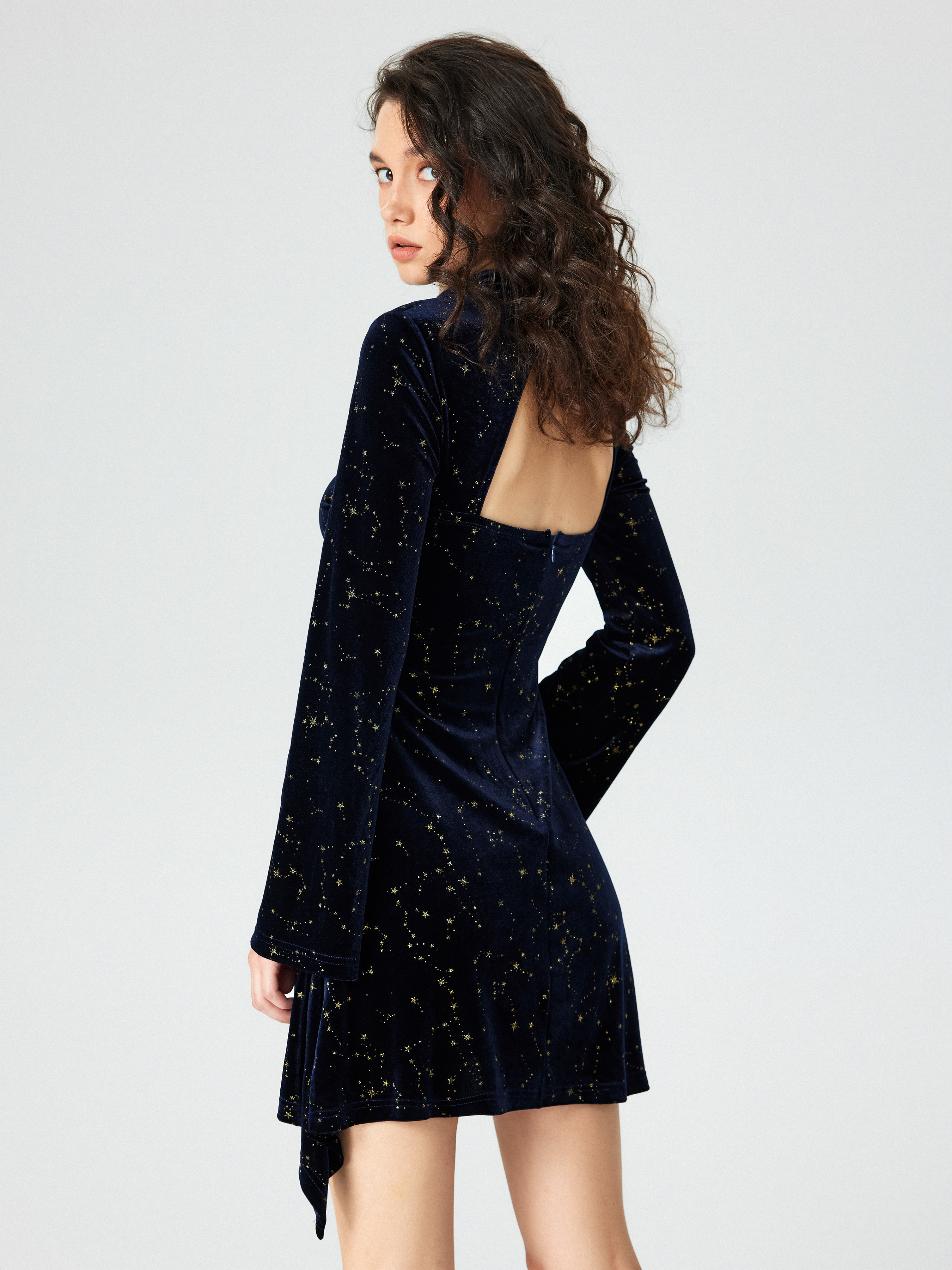 Velvet Star Pattern Bell Sleeve Short Dress - Cider