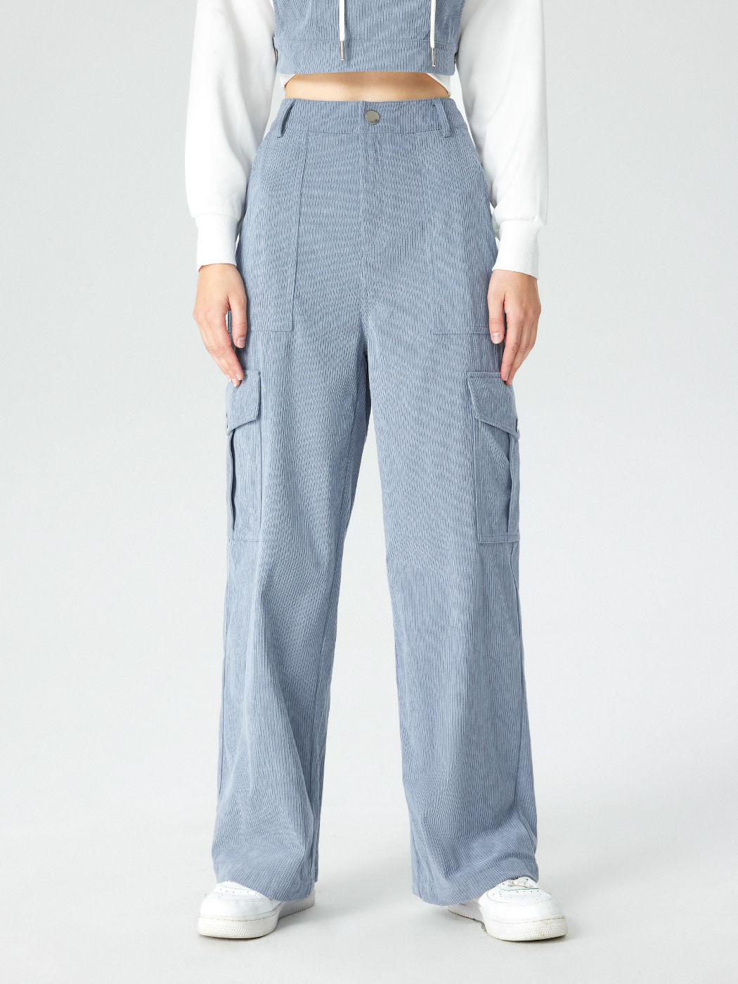 Solid Corduroy Cargo Straight Leg Pants