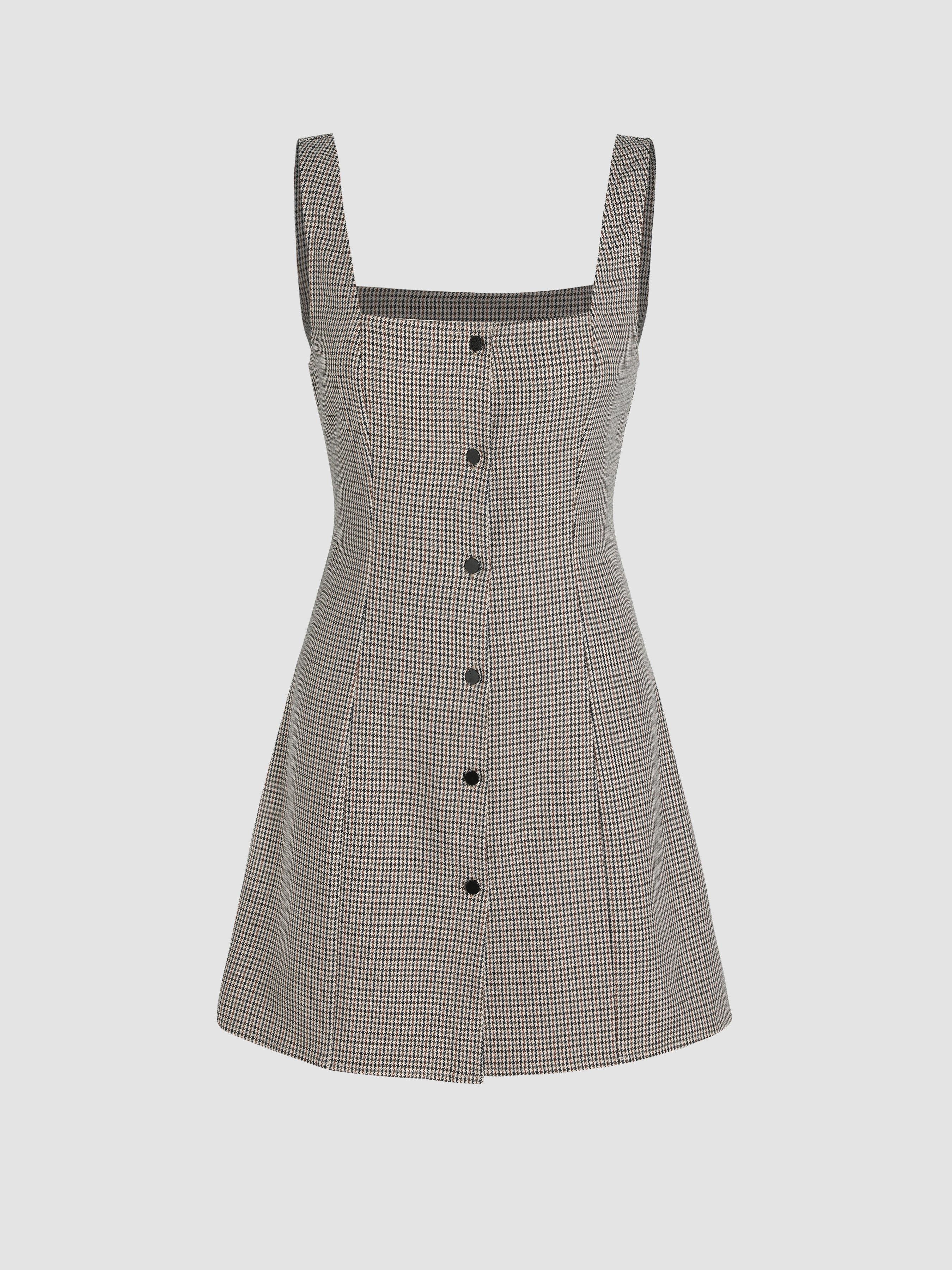 Houndstooth Square Neck Button Up Mini Dress